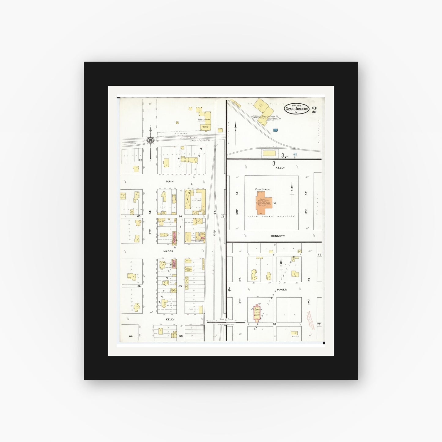 Old map wall art mockup β black gallery frame with white mat β Sanborn Fire Insurance Map from Grand Junction, Greene County, Iowa (1918), Sheet #0002