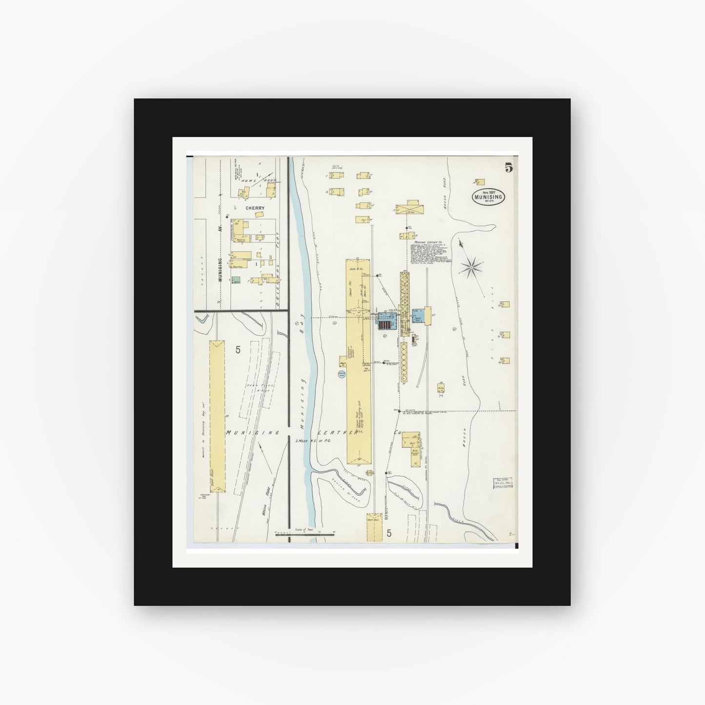 Old map wall art mockup — black gallery frame with white mat — Sanborn Fire Insurance Map from Munising, Alger County, Michigan (1897), Sheet #0005