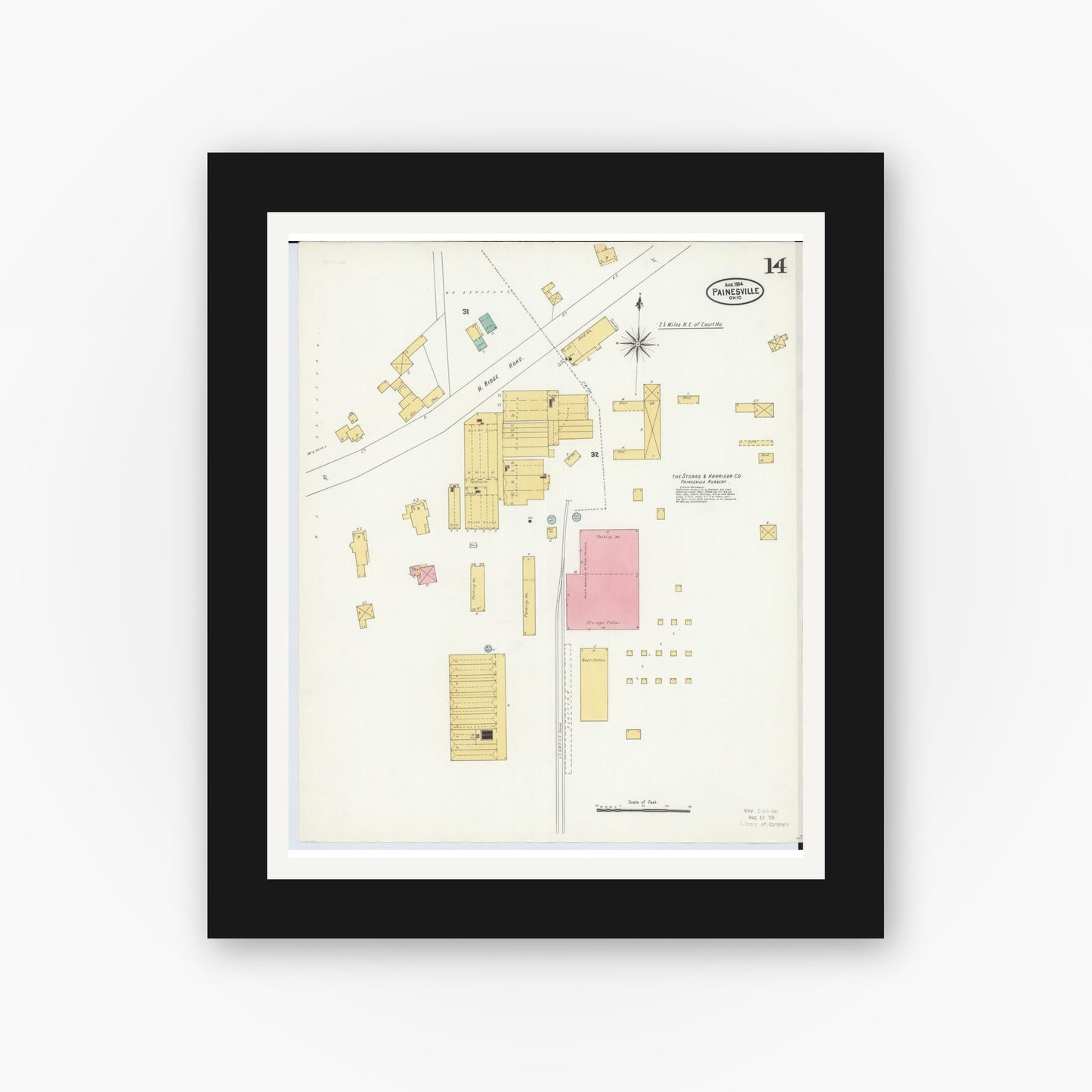Old map wall art mockup — black gallery frame with white mat — Sanborn Fire Insurance Map from Painesville, Lake County, Ohio (1904), Sheet #0014