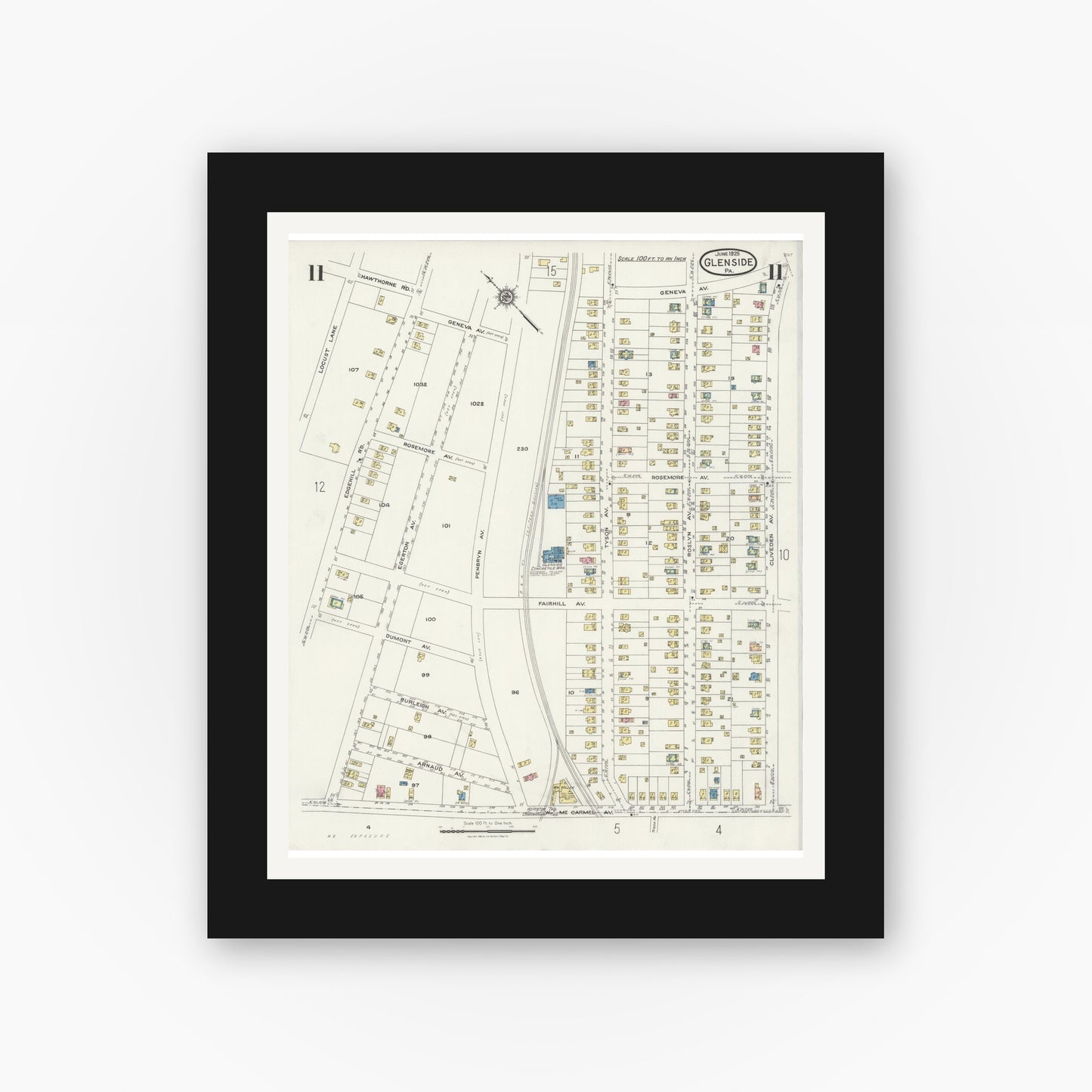 Old map wall art mockup — black gallery frame with white mat — Sanborn Fire Insurance Map from Glenside, Montgomery County, Pennsylvania (1925), Sheet #0011