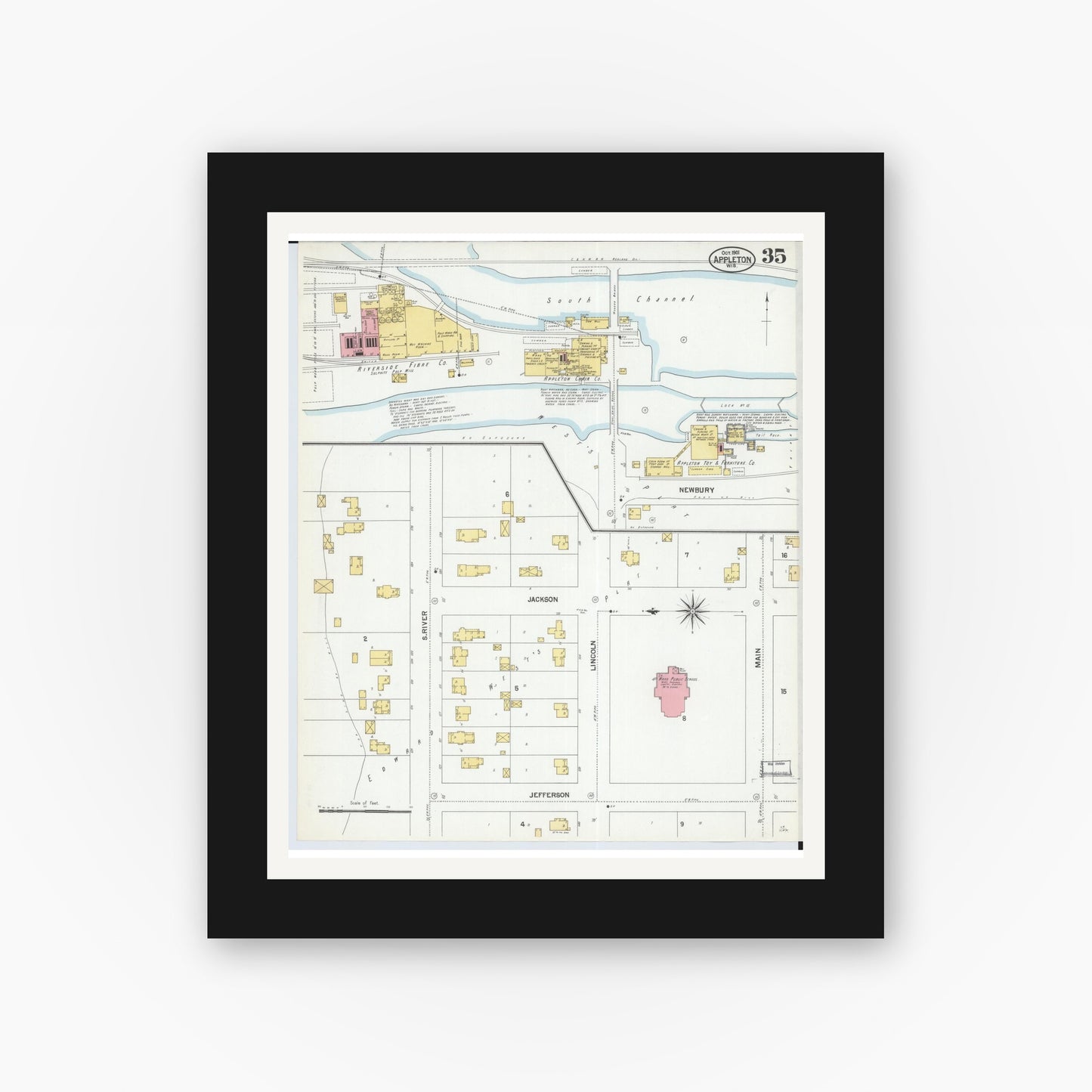 Old map wall art mockup — black gallery frame with white mat — Sanborn Fire Insurance Map from Appleton, Outagamie County, Wisconsin (1901), Sheet #0035