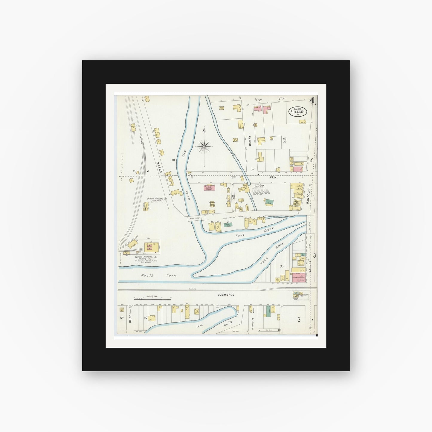Old map wall art mockup — black gallery frame with white mat — Sanborn Fire Insurance Map from Pulaski, Pulaski County, Virginia (1898), Sheet #0004