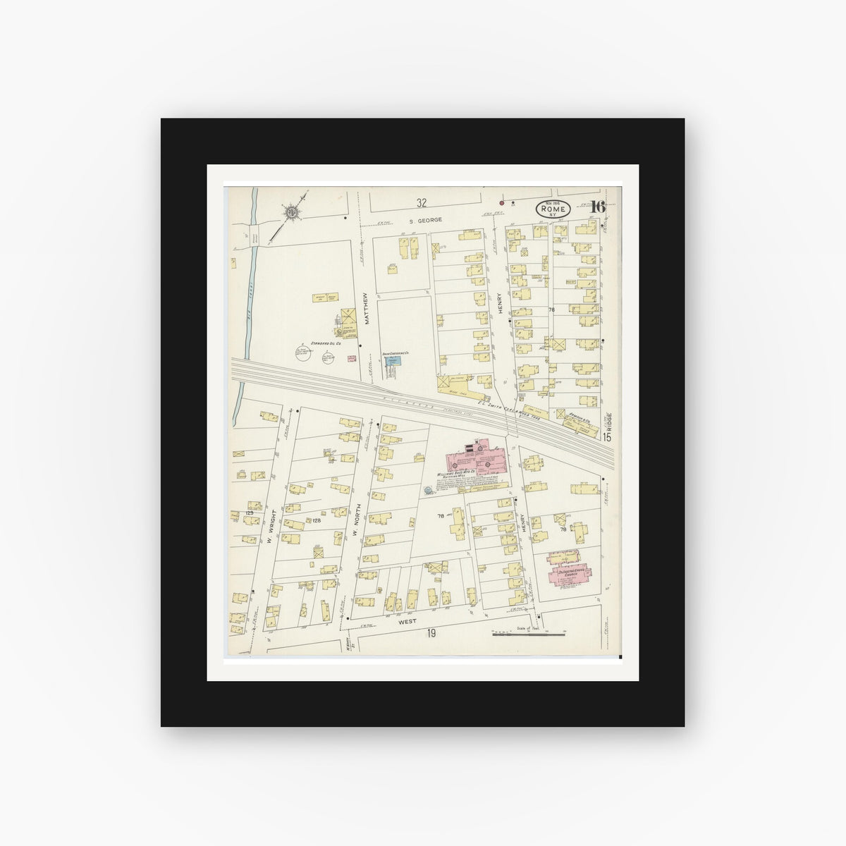 Old map wall art mockup — black gallery frame with white mat — Sanborn Fire Insurance Map from Rome, Oneida County, New York (1914), Sheet #0016