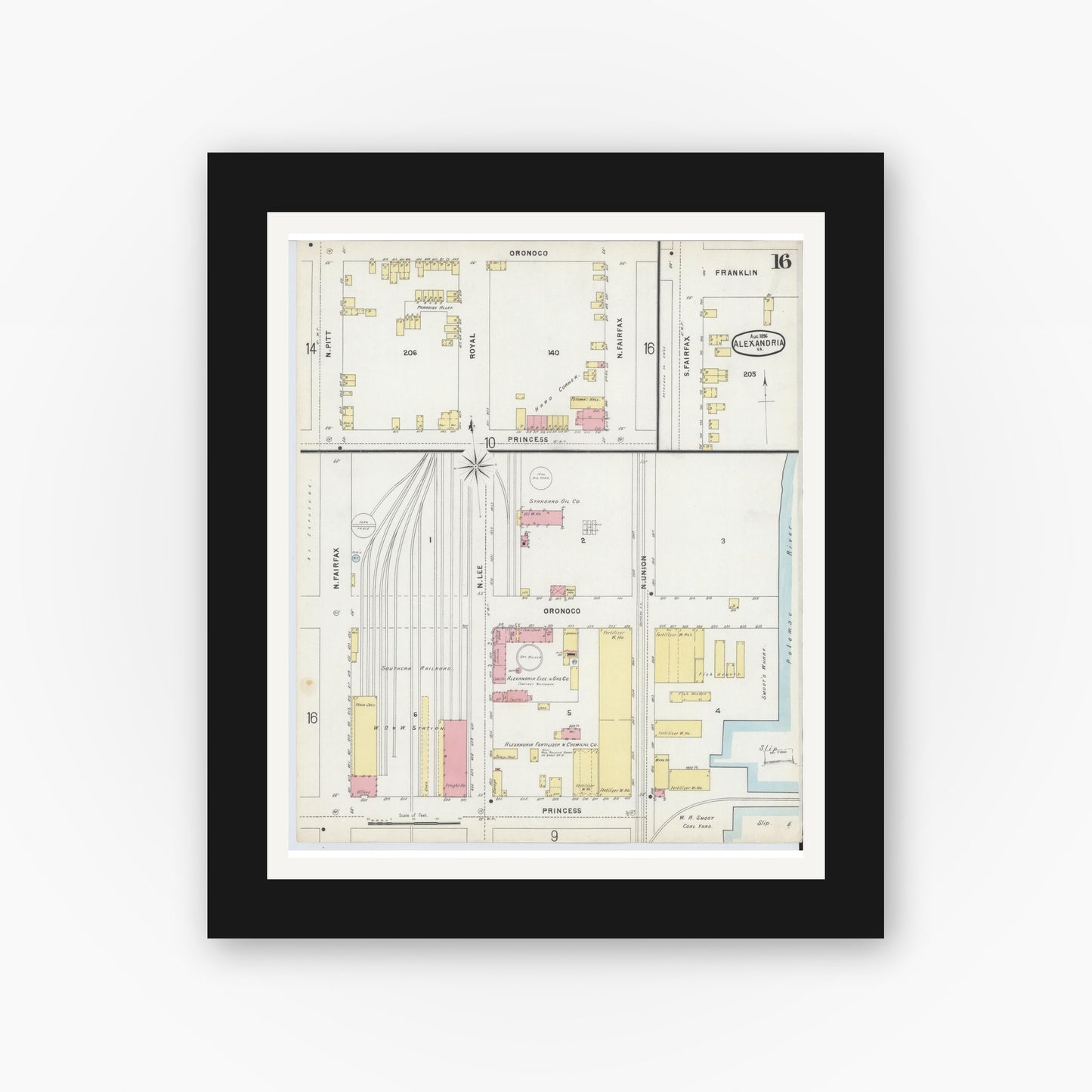 Old map wall art mockup — black gallery frame with white mat — Sanborn Fire Insurance Map from Alexandria, Independent Cities, Virginia (1891), Sheet #0016