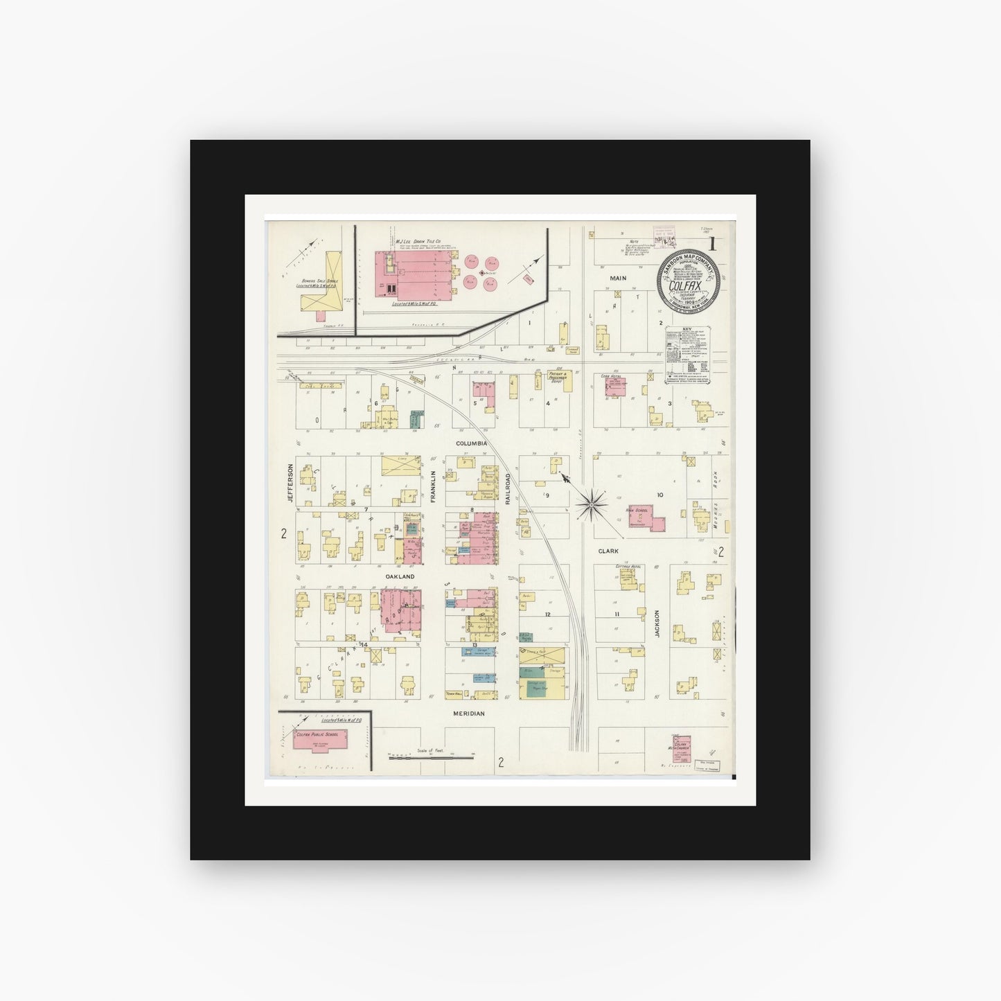 Old map wall art mockup — black gallery frame with white mat — Sanborn Fire Insurance Map from Colfax, Clinton County, Indiana (1909) - Complete Map Set
