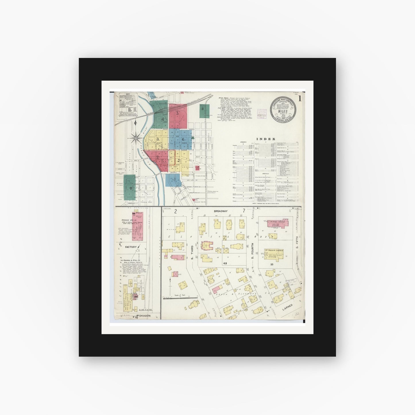 Old map wall art mockup — black gallery frame with white mat — Sanborn Fire Insurance Map from Niles, Berrien County, Michigan (1907) - Complete Map Set