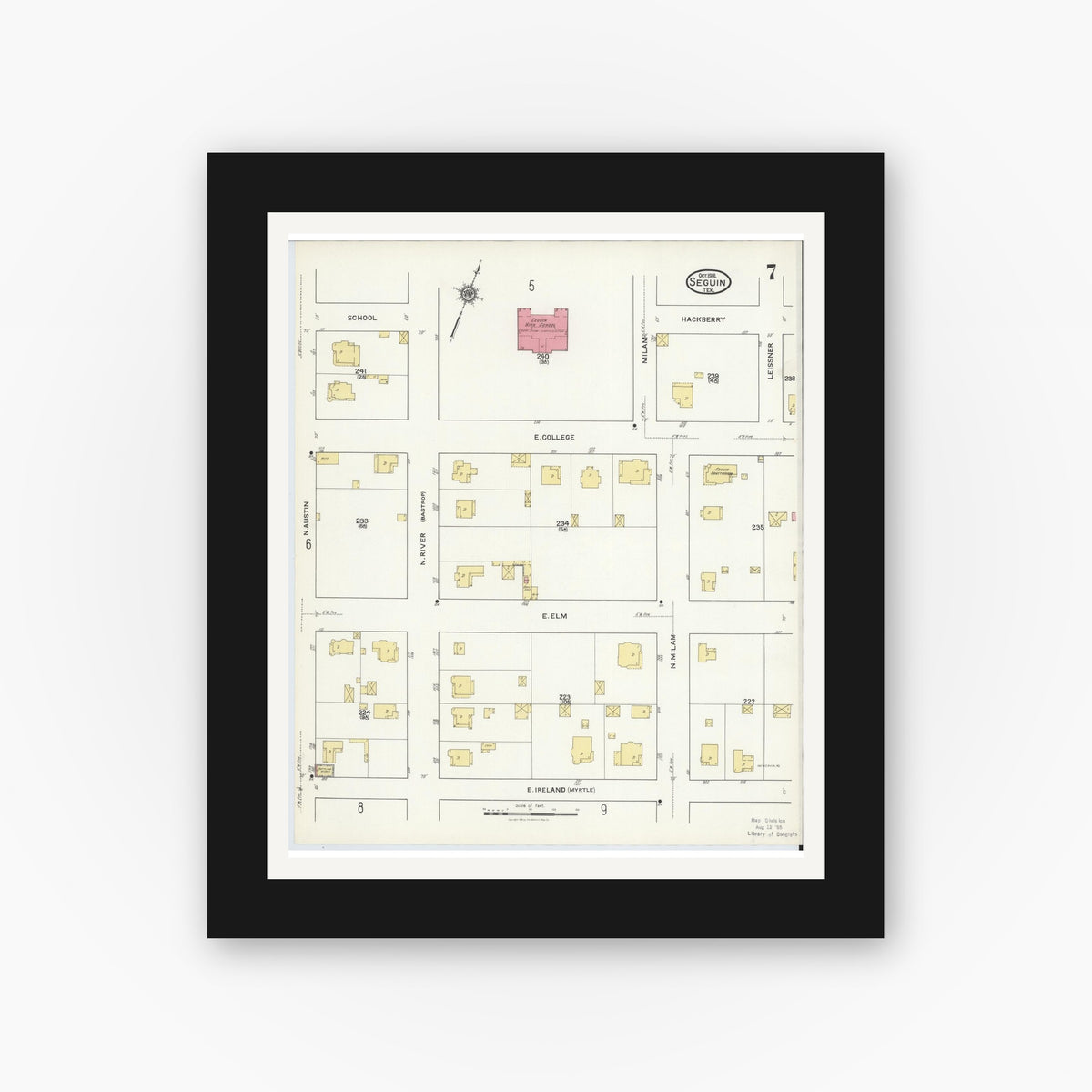 Old map wall art mockup — black gallery frame with white mat — Sanborn Fire Insurance Map from Seguin, Guadalupe County, Texas (1916), Sheet #0007
