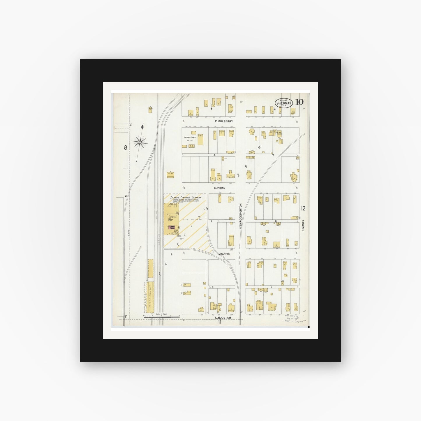 Old map wall art mockup — black gallery frame with white mat — Sanborn Fire Insurance Map from Sherman, Grayson County, Texas (1902), Sheet #0010