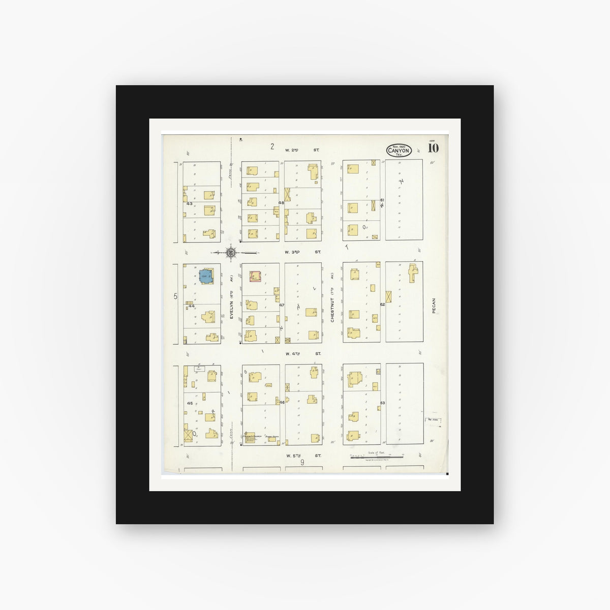Old map wall art mockup — black gallery frame with white mat — Sanborn Fire Insurance Map from Canyon, Randall County, Texas (1920), Sheet #0010
