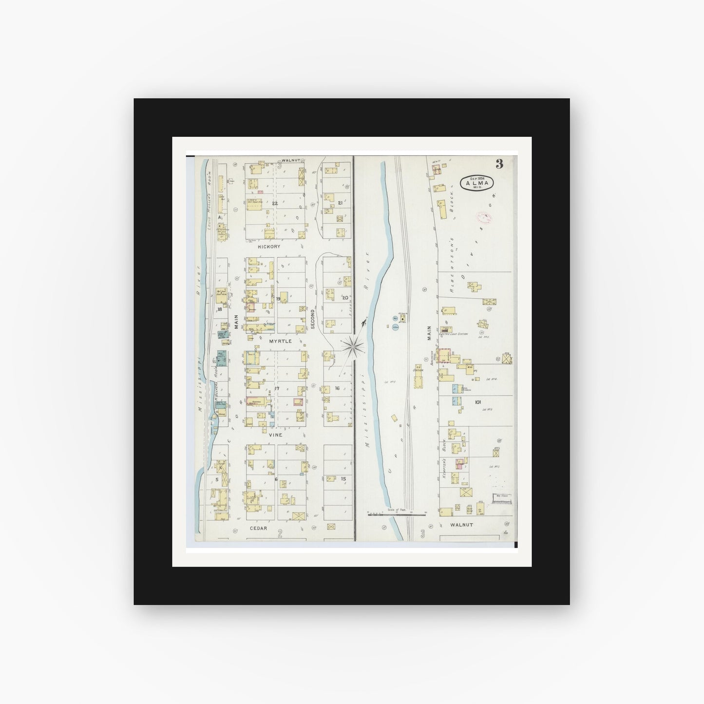 Old map wall art mockup — black gallery frame with white mat — Sanborn Fire Insurance Map from Alma, Buffalo County, Wisconsin (1894), Sheet #0003