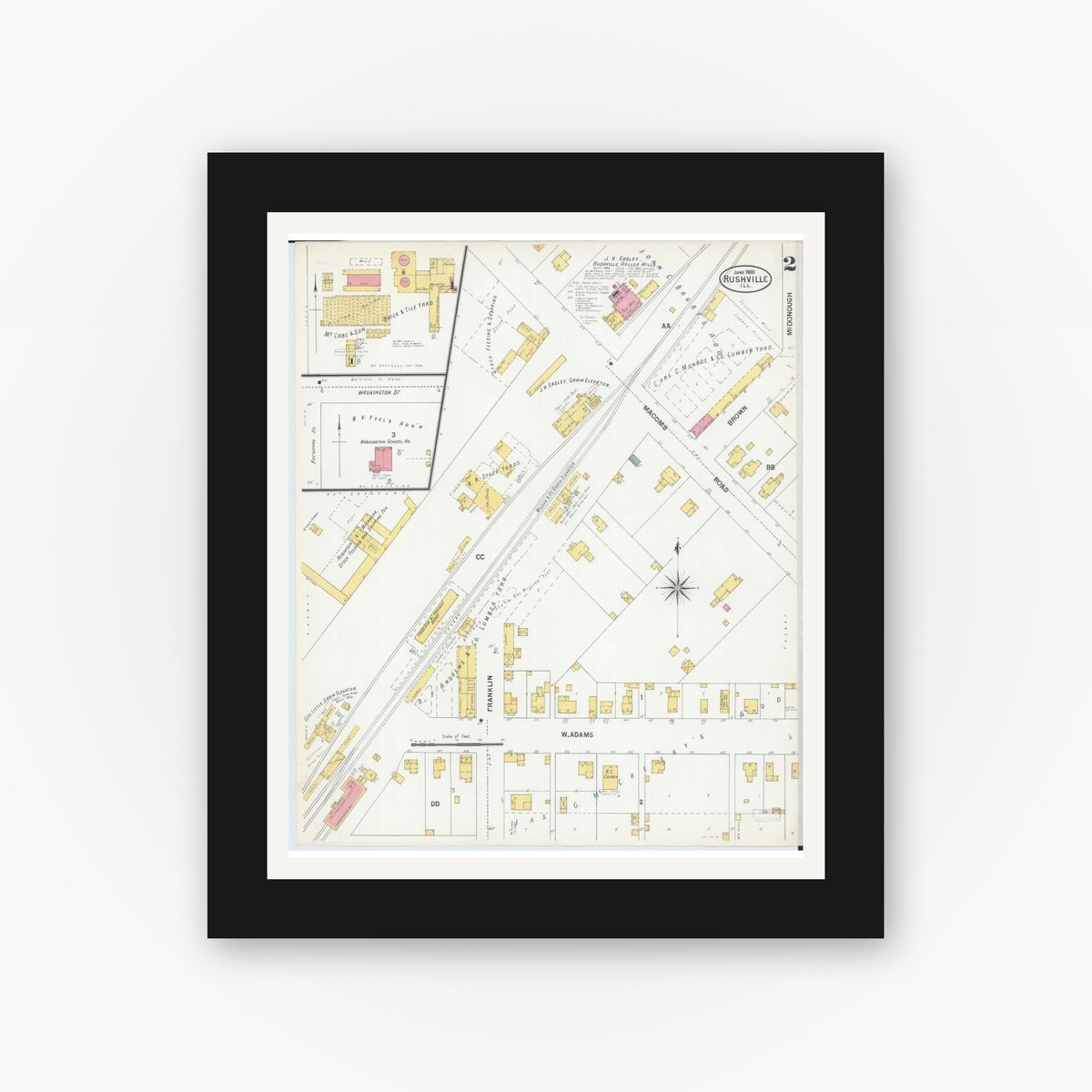 Old map wall art mockup — black gallery frame with white mat — Sanborn Fire Insurance Map from Rushville, Schuyler County, Illinois (1900), Sheet #0002