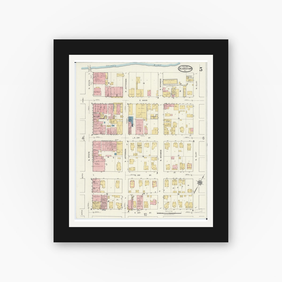 Old map wall art mockup — black gallery frame with white mat — Sanborn Fire Insurance Map from Beardstown, Cass County, Illinois (1919), Sheet #0005