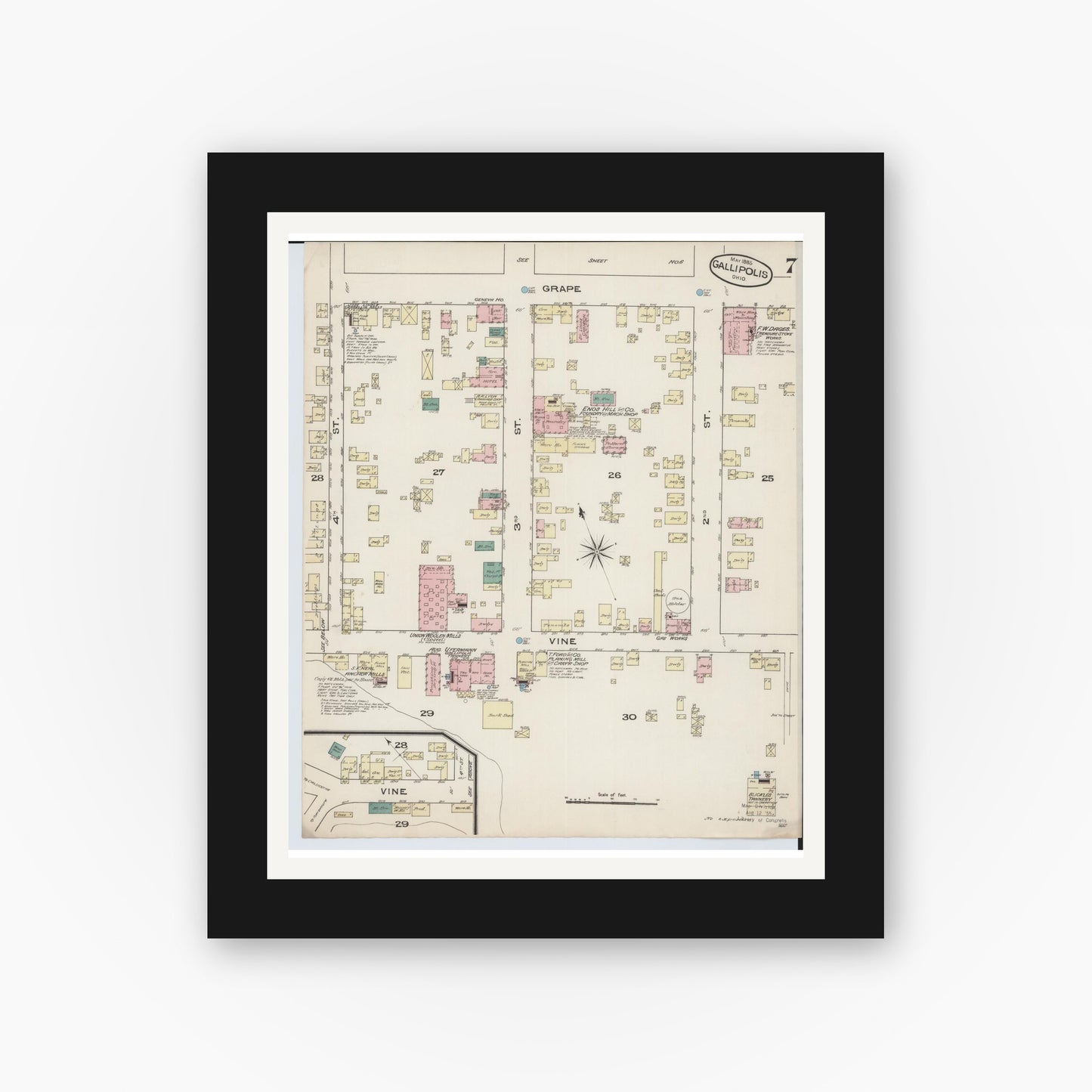 Old map wall art mockup — black gallery frame with white mat — Sanborn Fire Insurance Map from Gallipolis, Gallia County, Ohio (1885), Sheet #0007