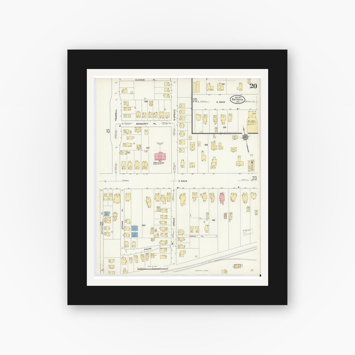 Old map wall art mockup — black gallery frame with white mat — Sanborn Fire Insurance Map from Batavia, Genesee County, New York (1912), Sheet #0020