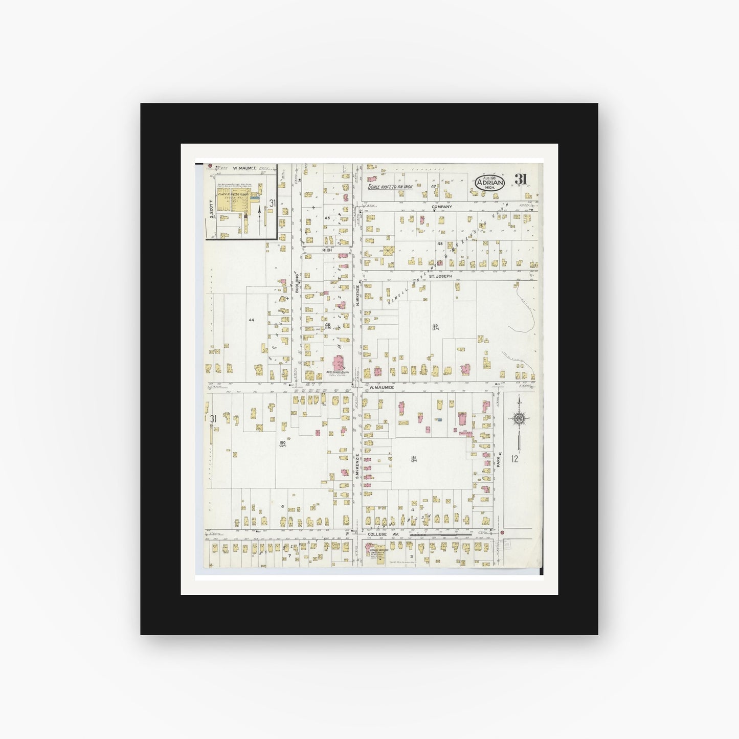 Old map wall art mockup — black gallery frame with white mat — Sanborn Fire Insurance Map from Adrian, Lenawee County, Michigan (1916), Sheet #0031