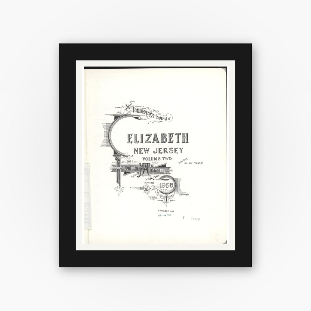 Old map wall art mockup — black gallery frame with white mat — Sanborn Fire Insurance Map from Elizabeth, Union County, New Jersey (1958), Sheet #0001