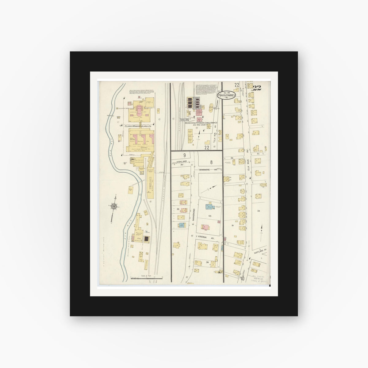Old map wall art mockup — black gallery frame with white mat — Sanborn Fire Insurance Map from Punxsutawney, Jefferson County, Pennsylvania (1912), Sheet #0022