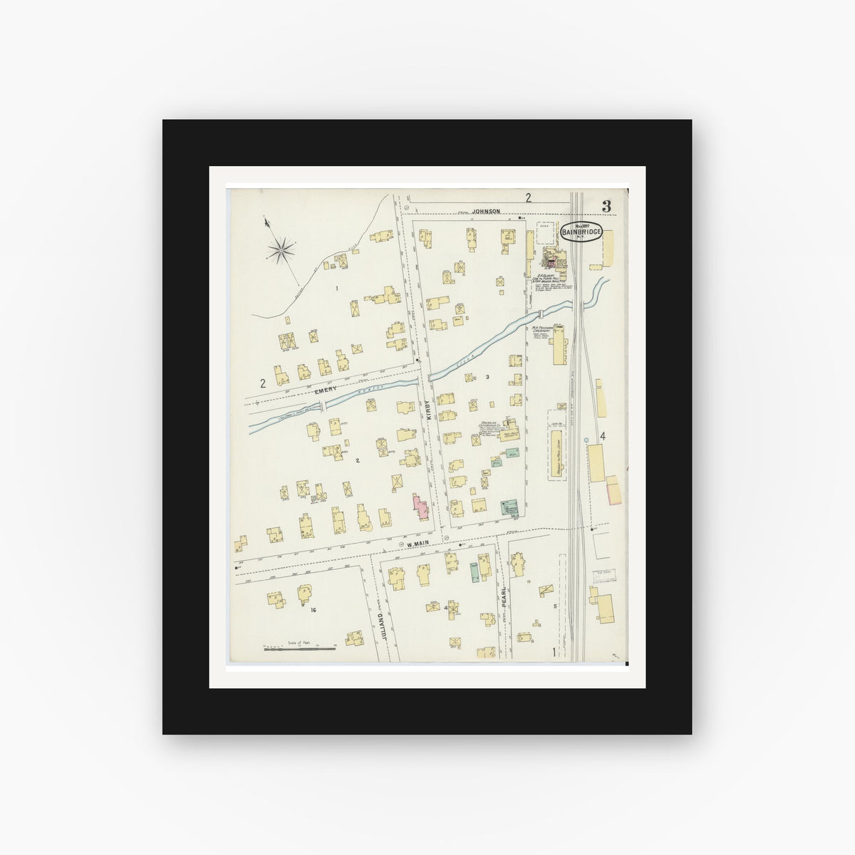 Old map wall art mockup — black gallery frame with white mat — Sanborn Fire Insurance Map from Bainbridge, Chenango County, New York (1897), Sheet #0003