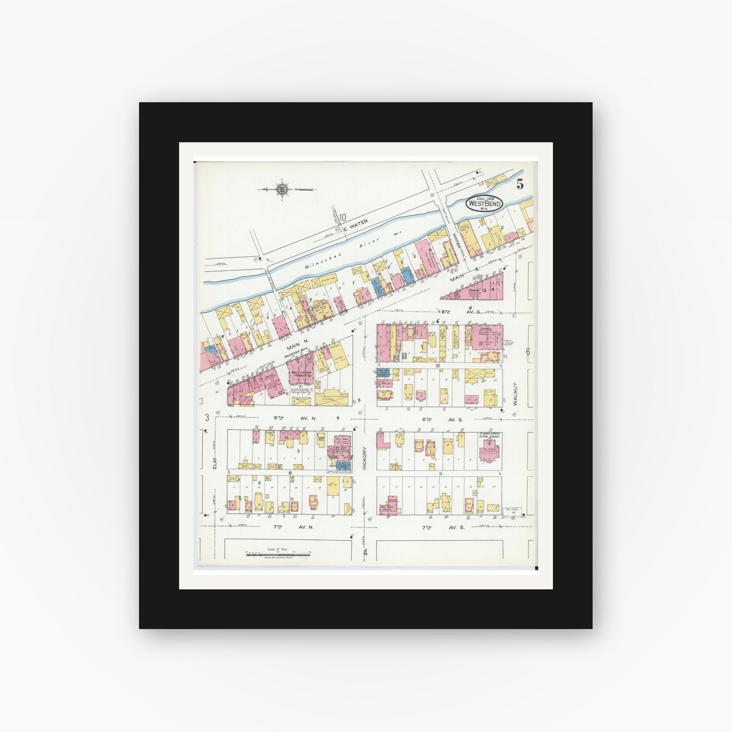 Old map wall art mockup — black gallery frame with white mat — Sanborn Fire Insurance Map from West Bend, Washington County, Wisconsin (1919), Sheet #0005