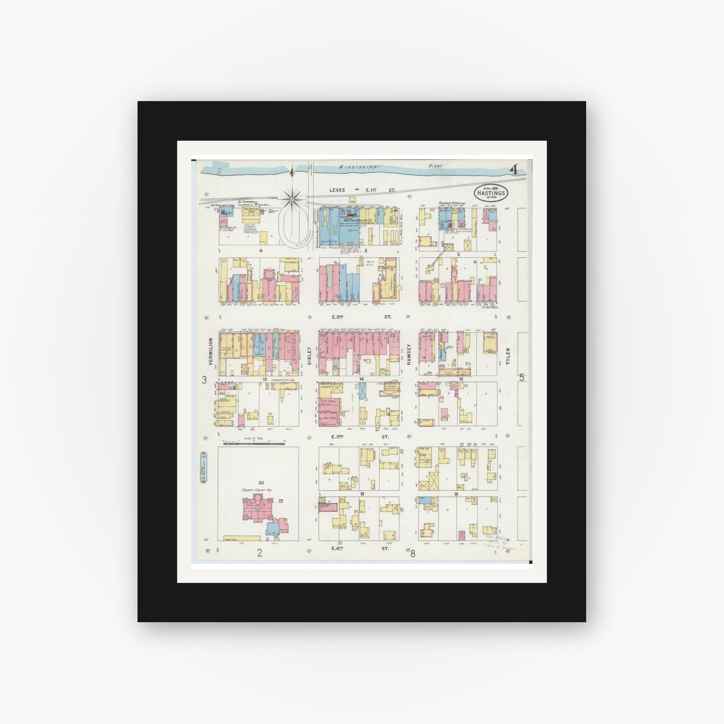 Old map wall art mockup — black gallery frame with white mat — Sanborn Fire Insurance Map from Hastings, Dakota County, Minnesota (1898), Sheet #0004
