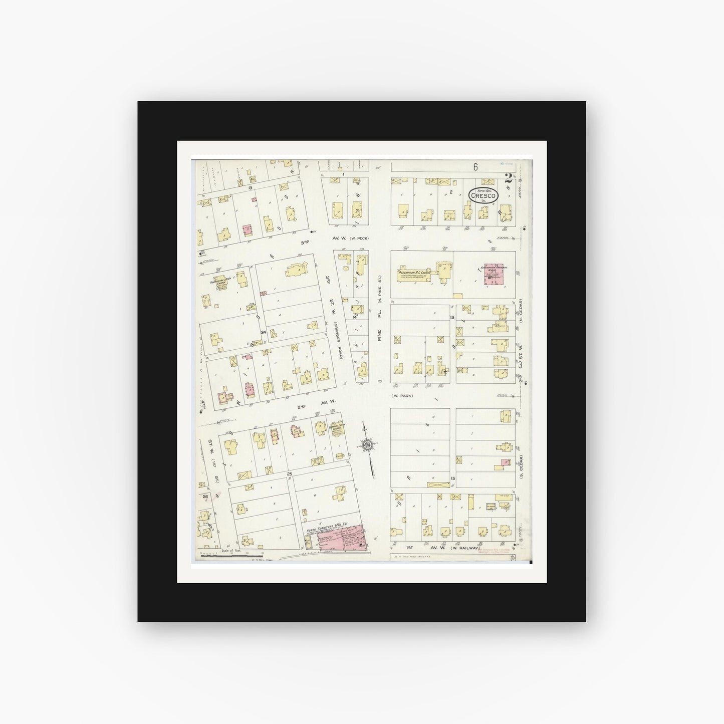 Old map wall art mockup — black gallery frame with white mat — Sanborn Fire Insurance Map from Cresco, Howard County, Iowa (1914), Sheet #0002