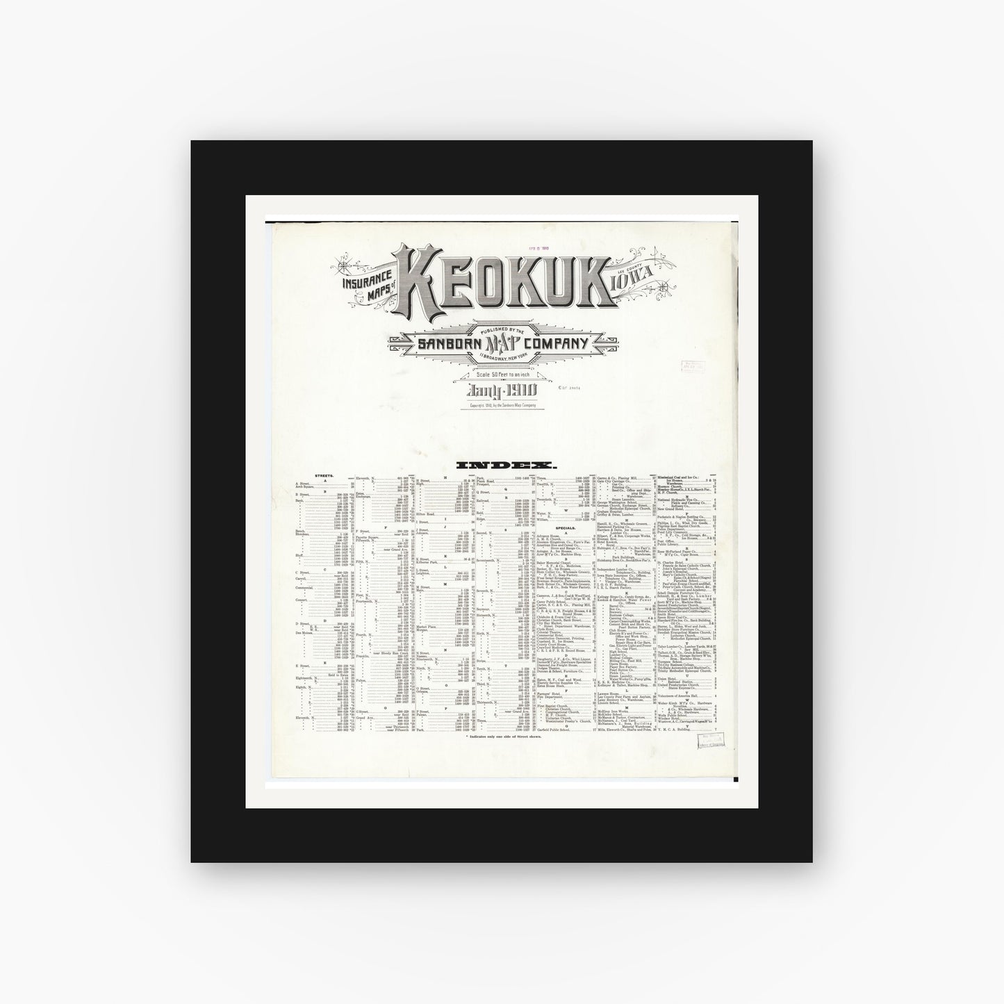 Old map wall art mockup — black gallery frame with white mat — Sanborn Fire Insurance Map from Keokuk, Lee County, Iowa (1910), Sheet #0001
