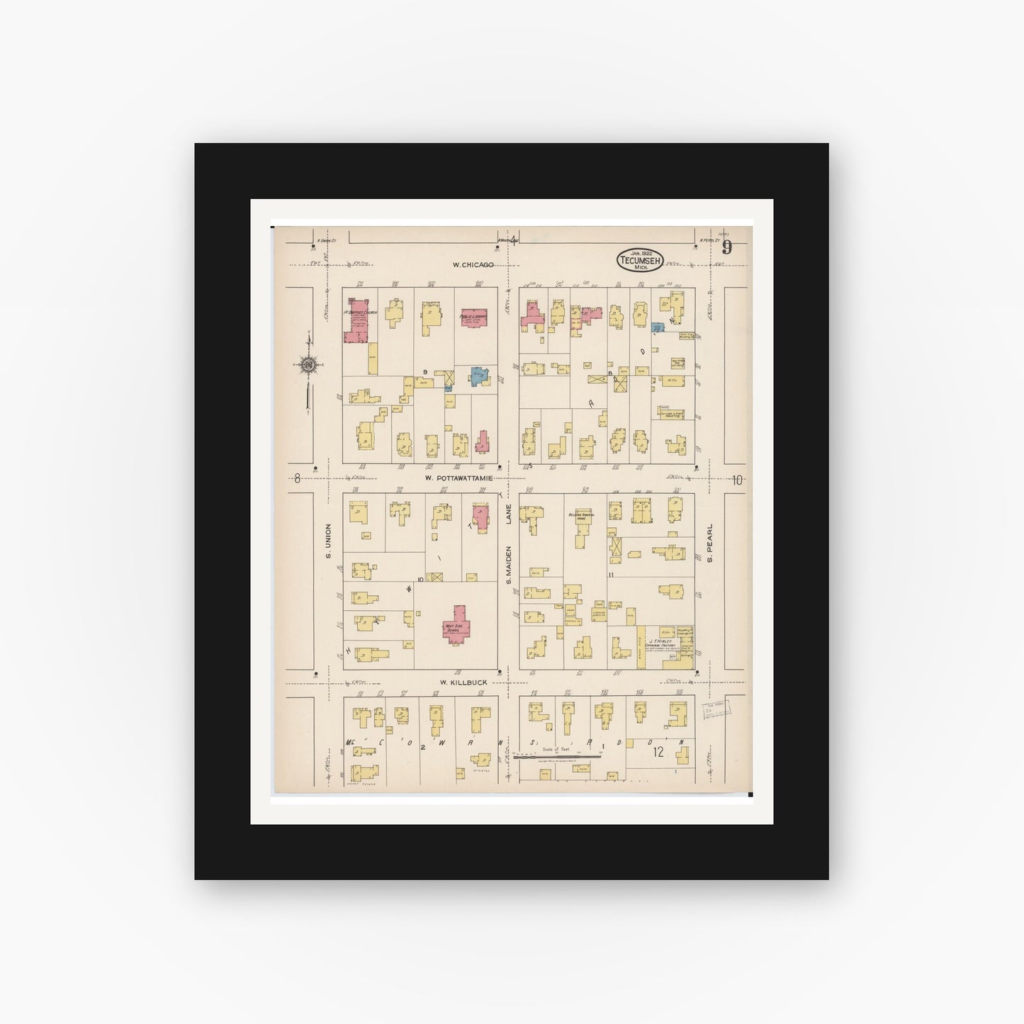Old map wall art mockup — black gallery frame with white mat — Sanborn Fire Insurance Map from Tecumseh, Lenawee County, Michigan (1922), Sheet #0009