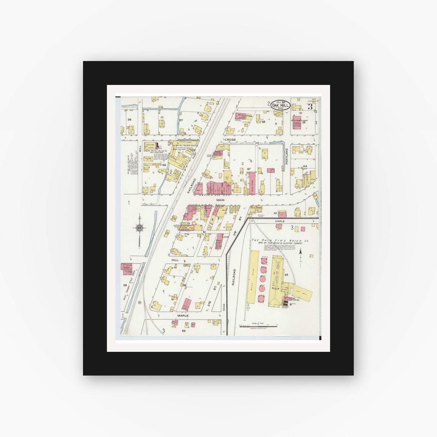 Old map wall art mockup — black gallery frame with white mat — Sanborn Fire Insurance Map from Oak Hill, Jackson County, Ohio (1921), Sheet #0003