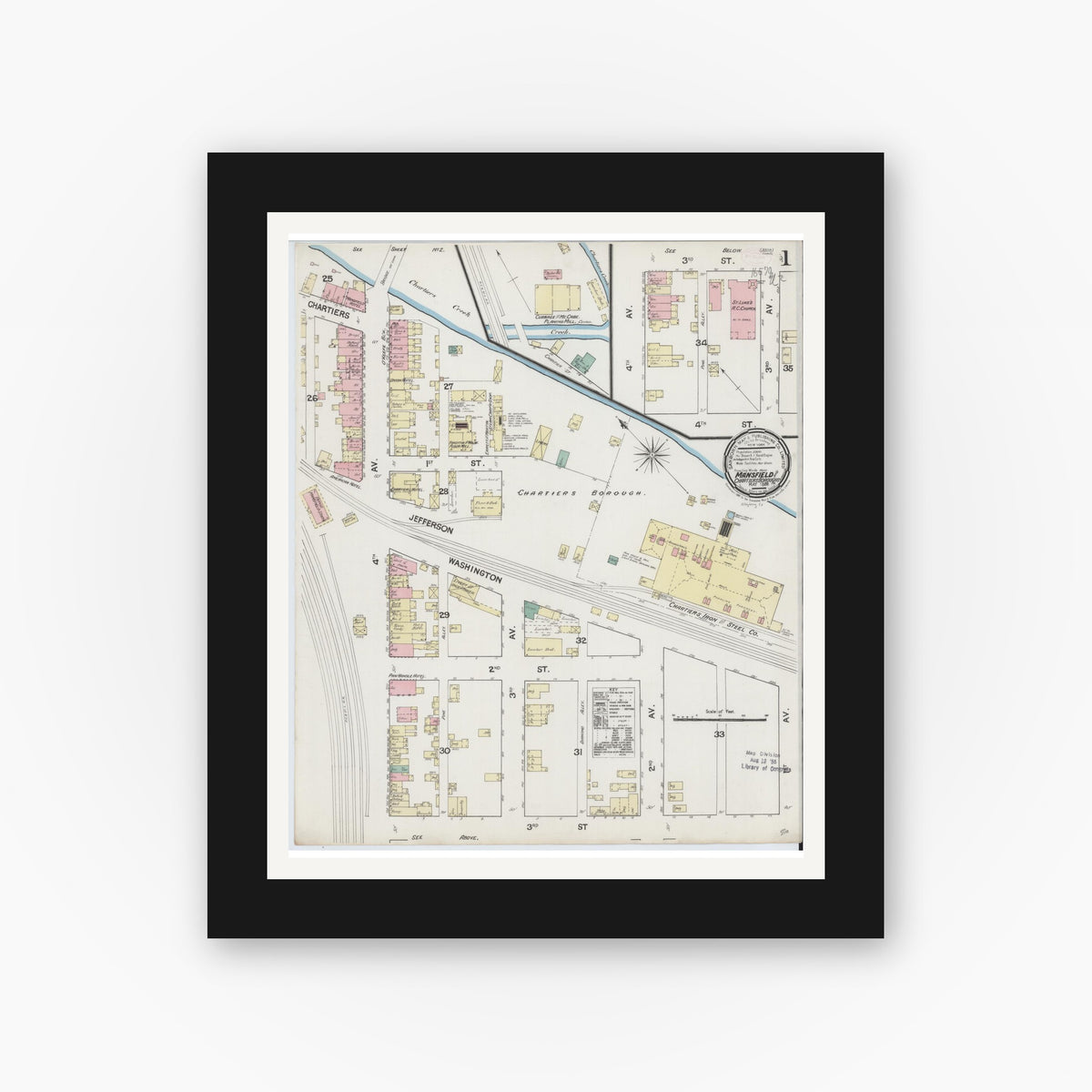 Old map wall art mockup — black gallery frame with white mat — Sanborn Fire Insurance Map from Mansfield Borough, Allegheny County, Pennsylvania (1889) - Complete Map Set