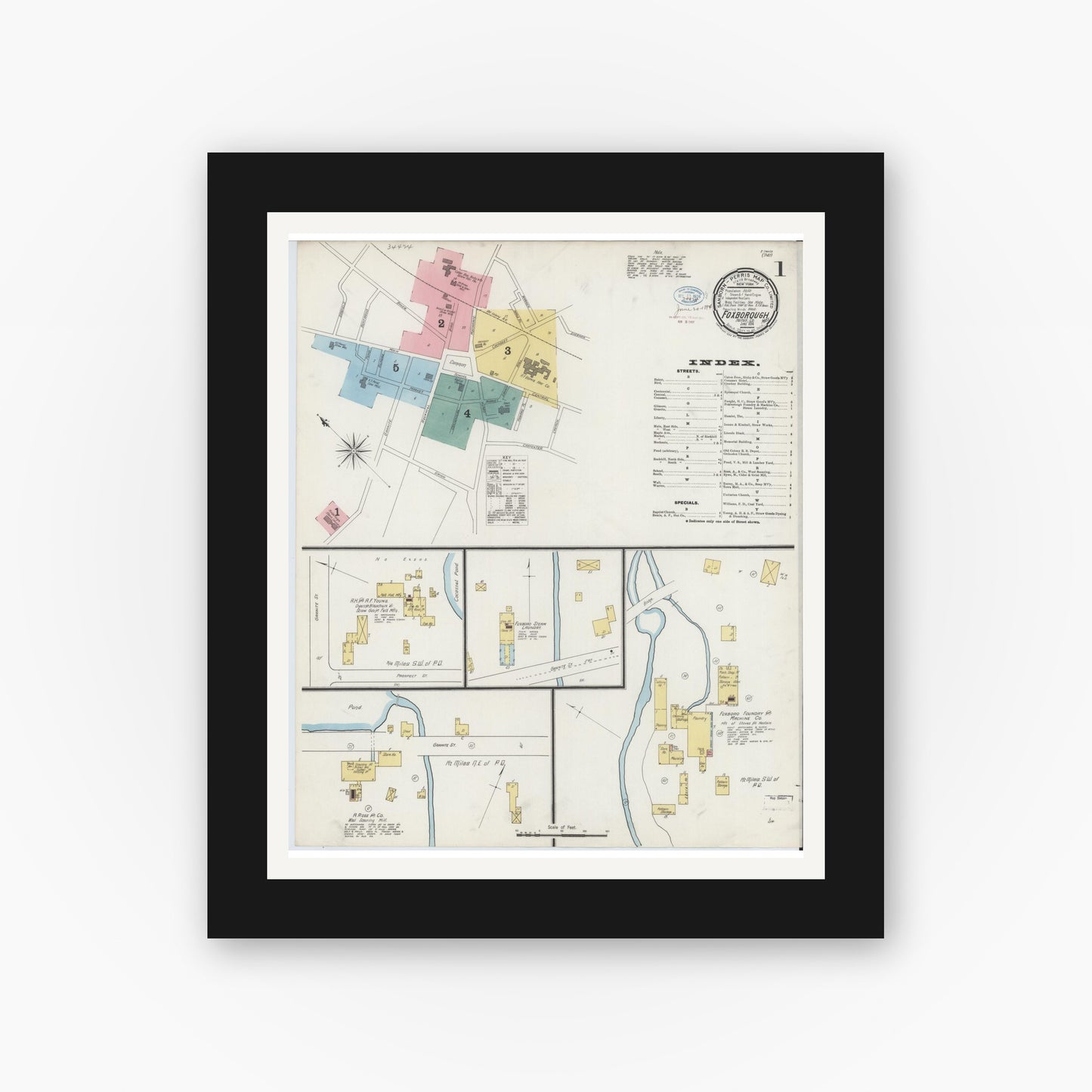 Old map wall art mockup — black gallery frame with white mat — Sanborn Fire Insurance Map from Foxboro, Norfolk County, Massachusetts (1894) - Complete Map Set