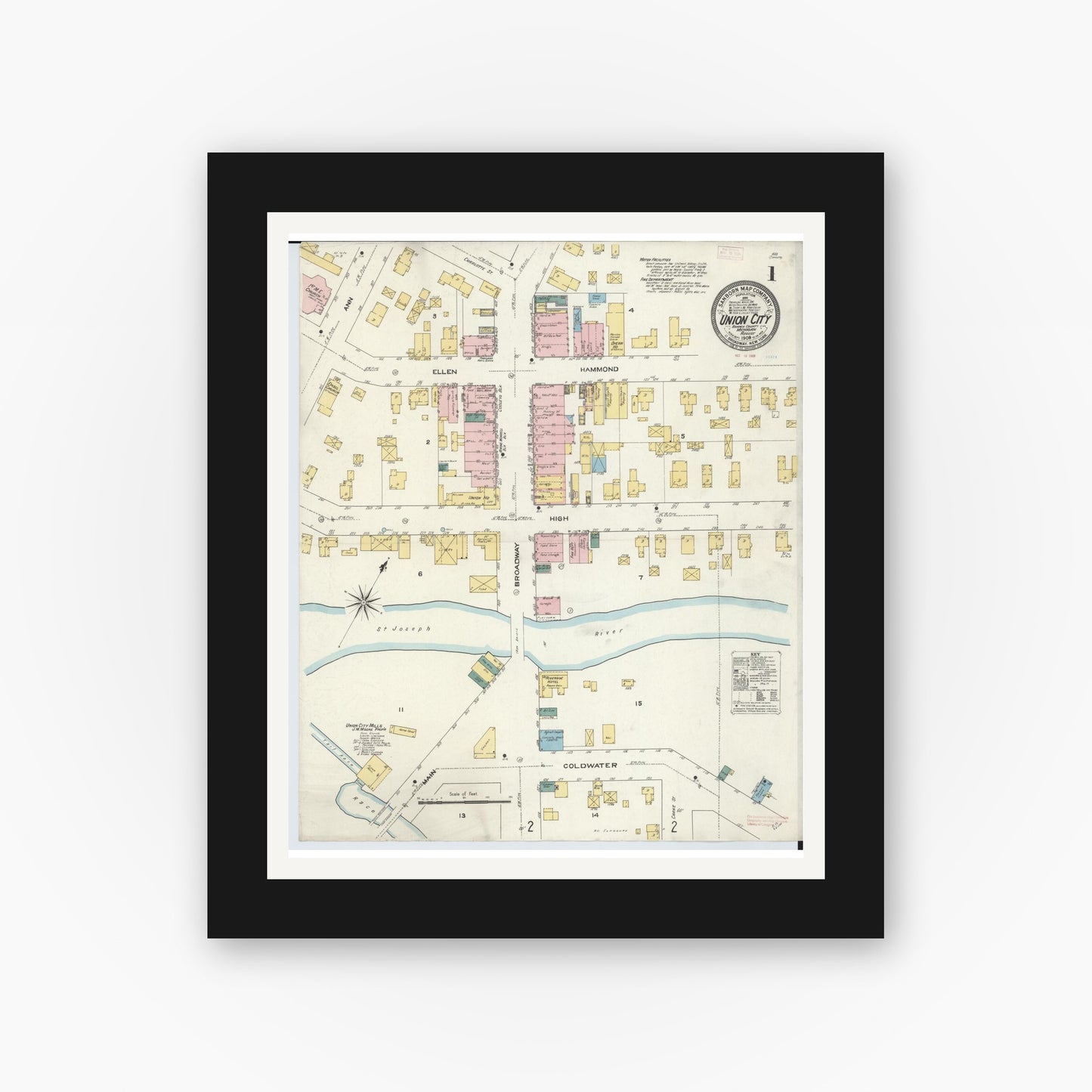 Old map wall art mockup — black gallery frame with white mat — Sanborn Fire Insurance Map from Union City, Branch And Calhoun Counties, Michigan (1909) - Complete Map Set