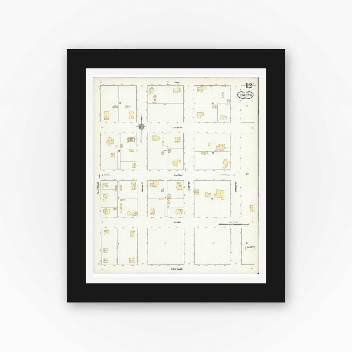 Old map wall art mockup — black gallery frame with white mat — Sanborn Fire Insurance Map from Henrietta, Clay County, Texas (1912), Sheet #0012