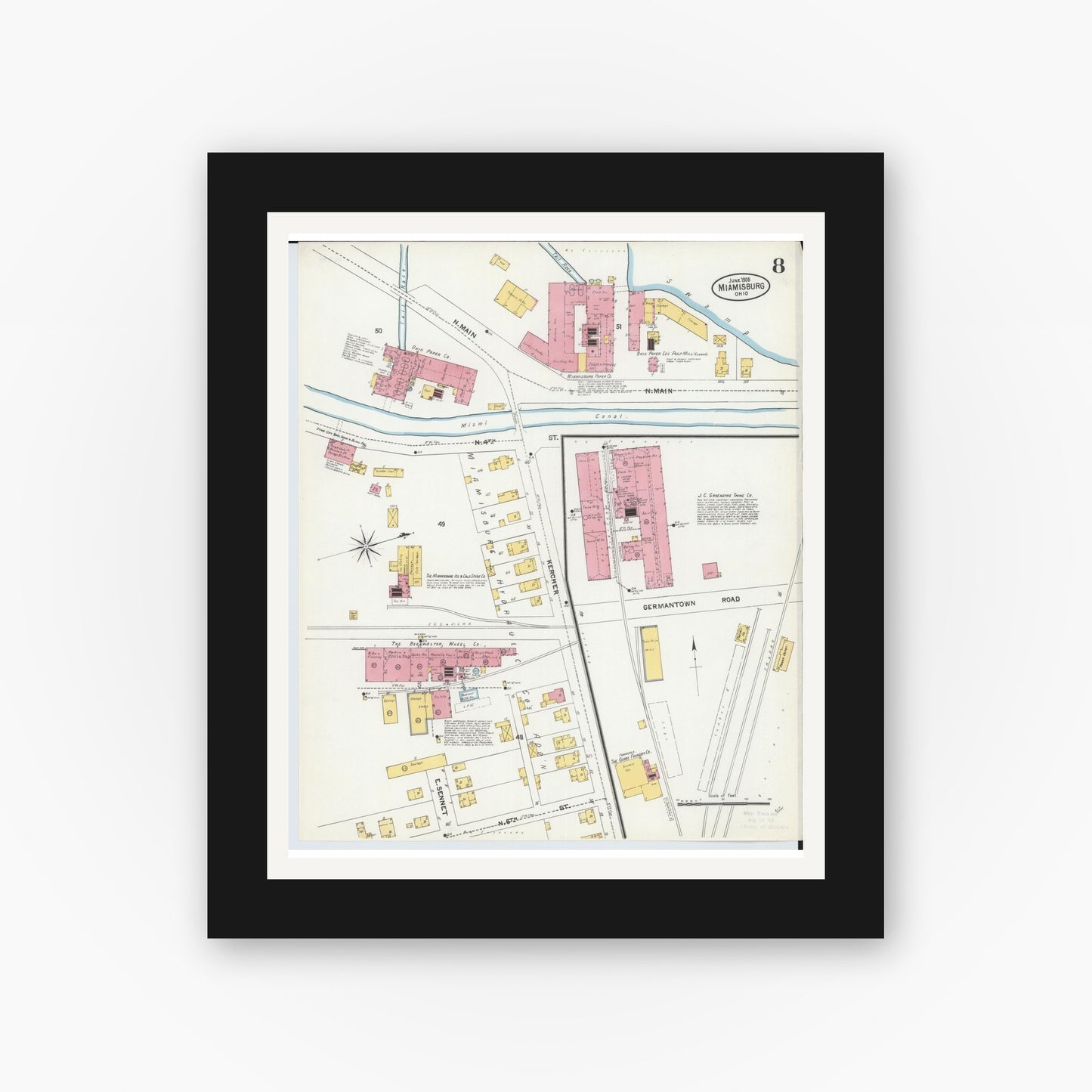 Old map wall art mockup — black gallery frame with white mat — Sanborn Fire Insurance Map from Miamisburg, Montgomery County, Ohio (1905), Sheet #0008