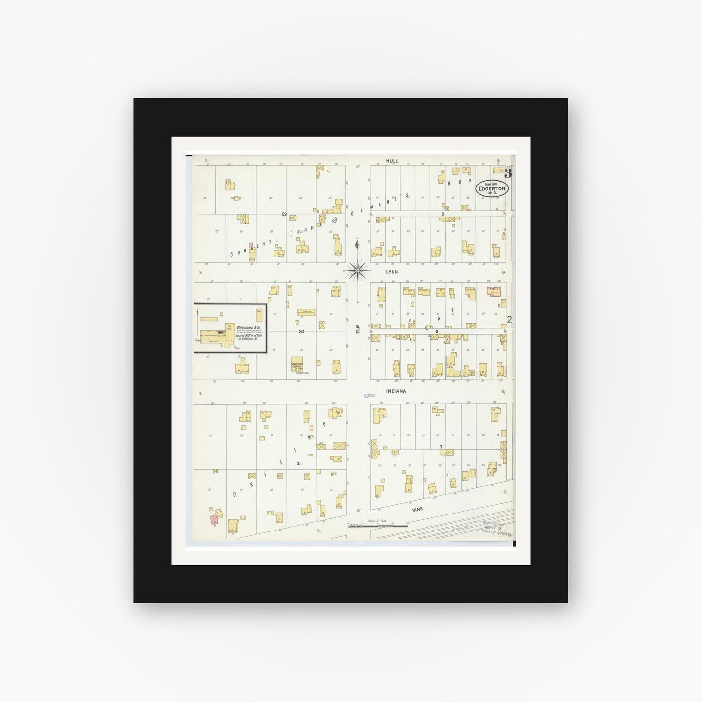 Old map wall art mockup — black gallery frame with white mat — Sanborn Fire Insurance Map from Edgerton, Williams County, Ohio (1901), Sheet #0003