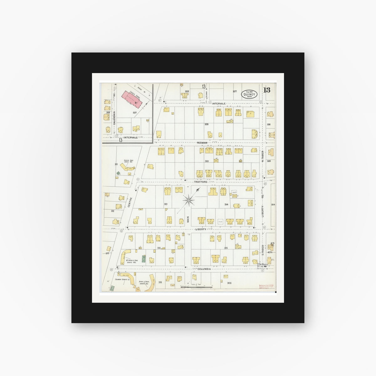 Old map wall art mockup — black gallery frame with white mat — Sanborn Fire Insurance Map from Quincy, Norfolk County, Massachusetts (1901), Sheet #0013