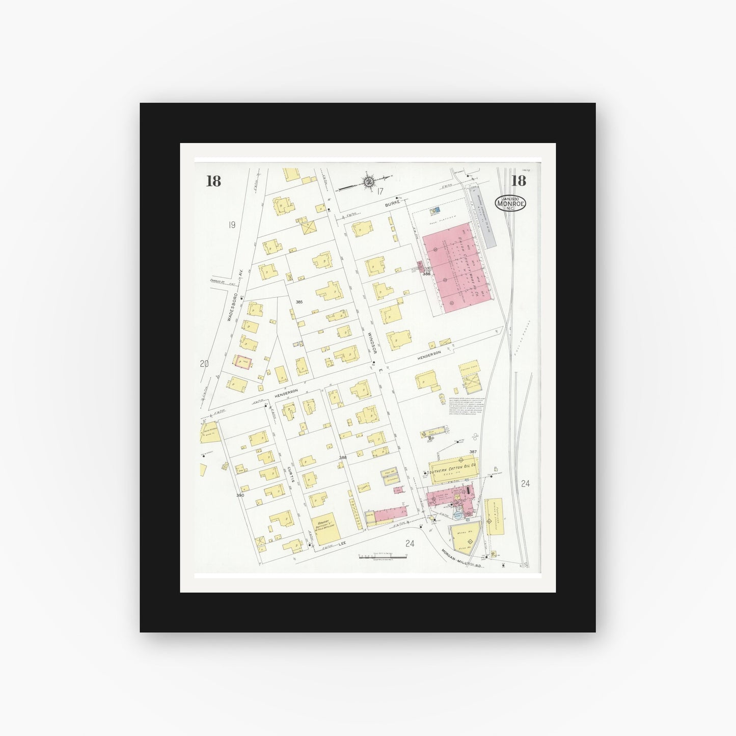 Old map wall art mockup — black gallery frame with white mat — Sanborn Fire Insurance Map from Monroe, Union County, North Carolina (1930), Sheet #0018