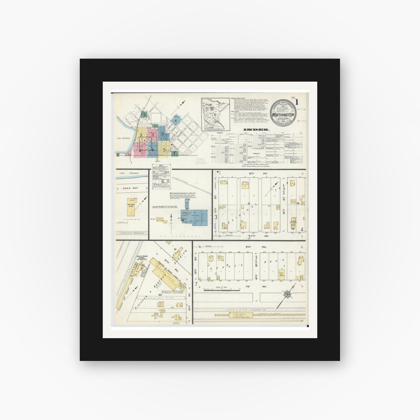 Old map wall art mockup — black gallery frame with white mat — Sanborn Fire Insurance Map from Worthington, Nobles County, Minnesota (1913) - Complete Map Set