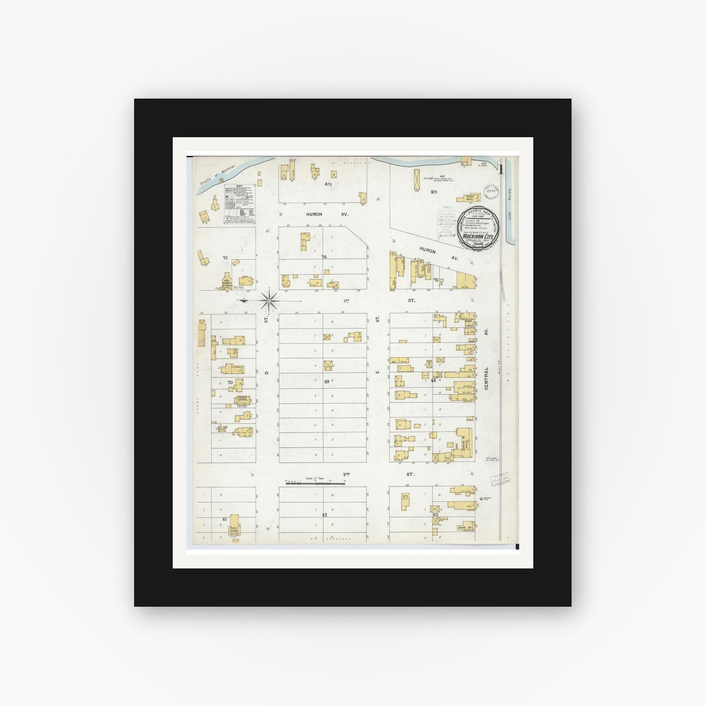 Old map wall art mockup — black gallery frame with white mat — Sanborn Fire Insurance Map from Mackinaw City, Cheboygan County, Michigan (1900) - Complete Map Set