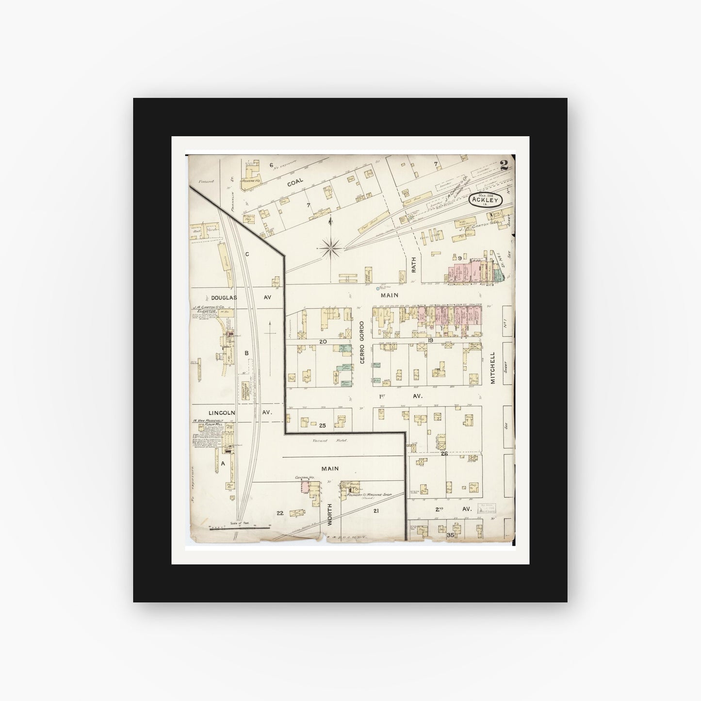 Old map wall art mockup β black gallery frame with white mat β Sanborn Fire Insurance Map from Ackley, Hardin and Franklin Counties, Iowa (1888), Sheet #0002