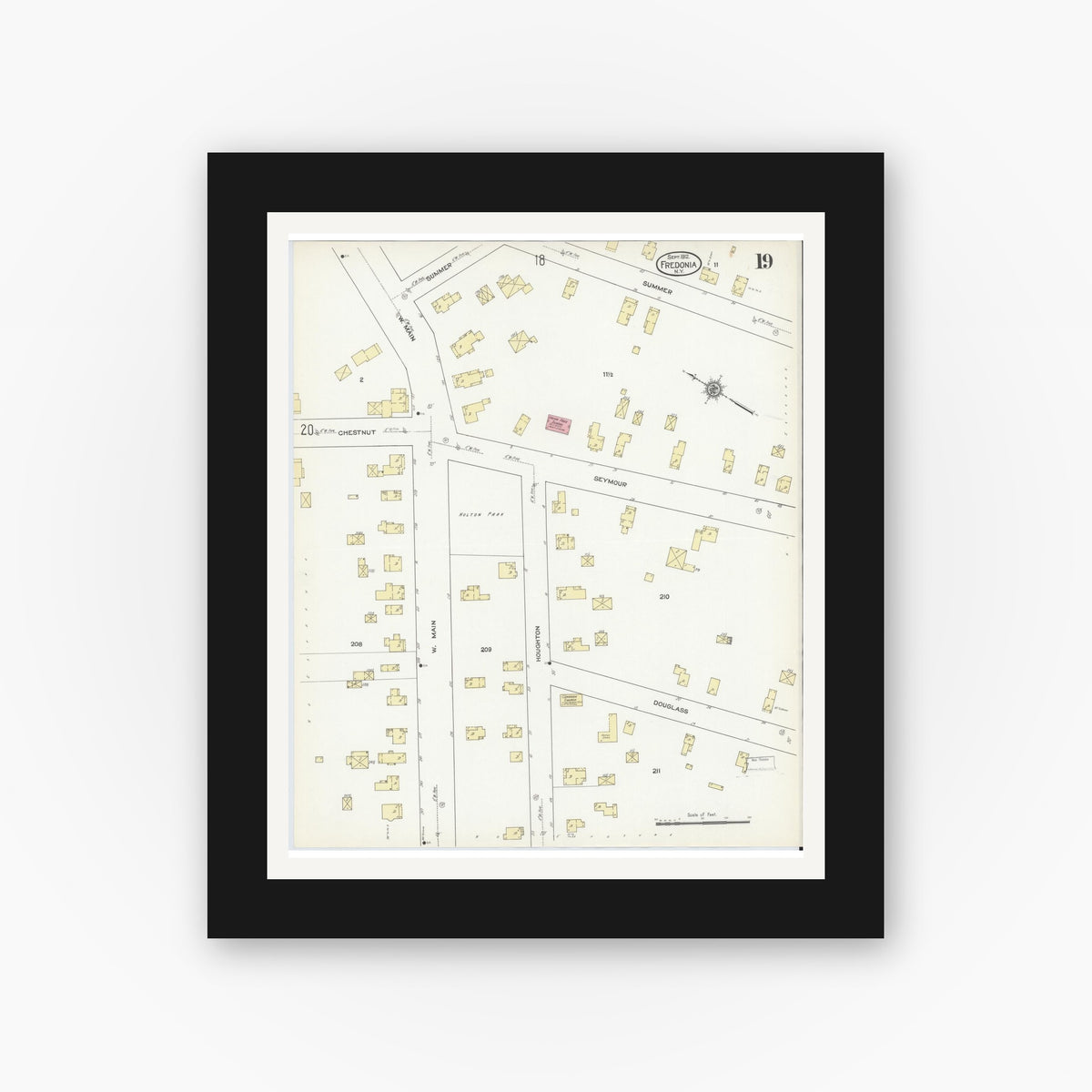Old map wall art mockup — black gallery frame with white mat — Sanborn Fire Insurance Map from Fredonia, Chautauqua County, New York (1912), Sheet #0019