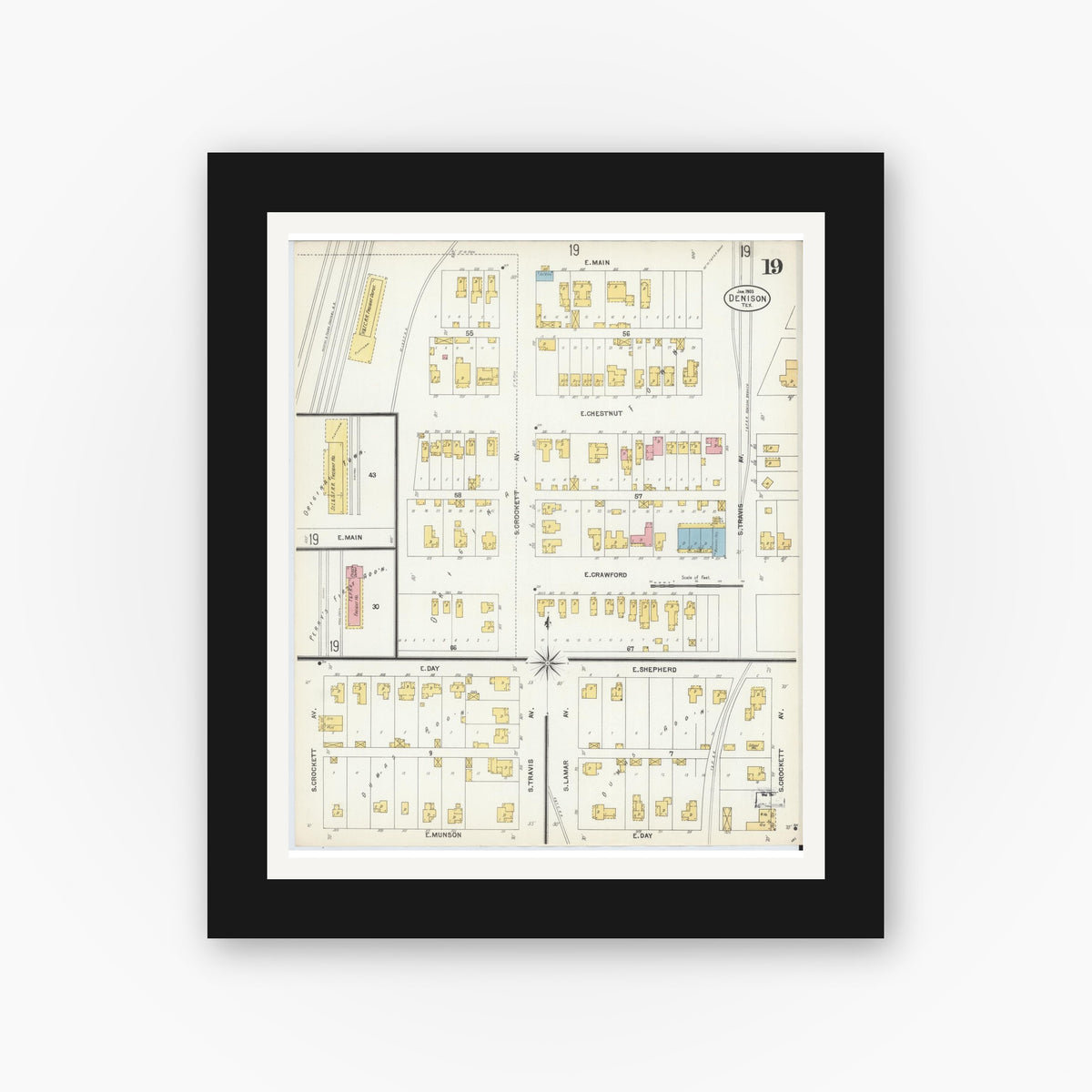 Old map wall art mockup — black gallery frame with white mat — Sanborn Fire Insurance Map from Denison, Grayson County, Texas (1903), Sheet #0019