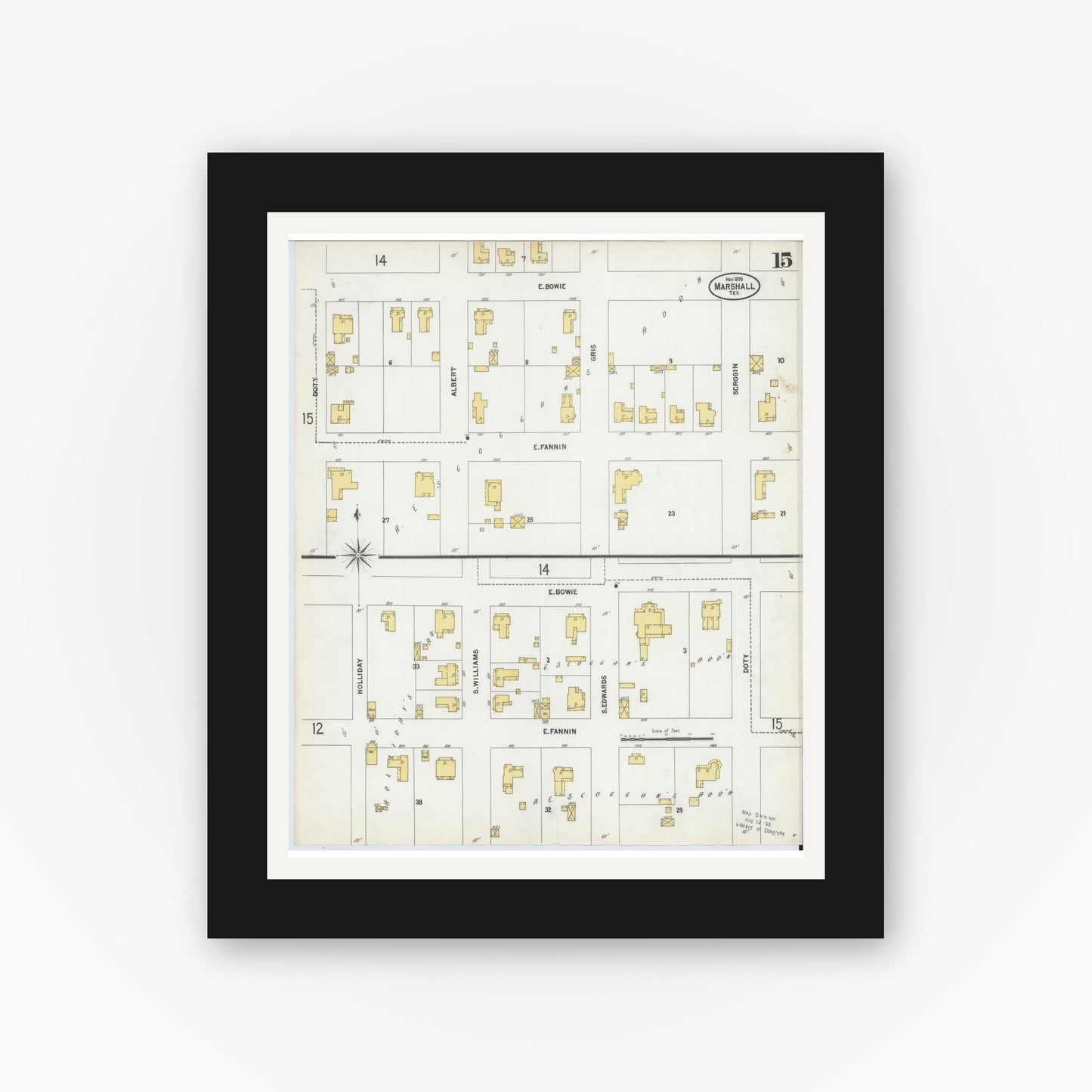 Old map wall art mockup — black gallery frame with white mat — Sanborn Fire Insurance Map from Marshall, Harrison County, Texas (1899), Sheet #0015