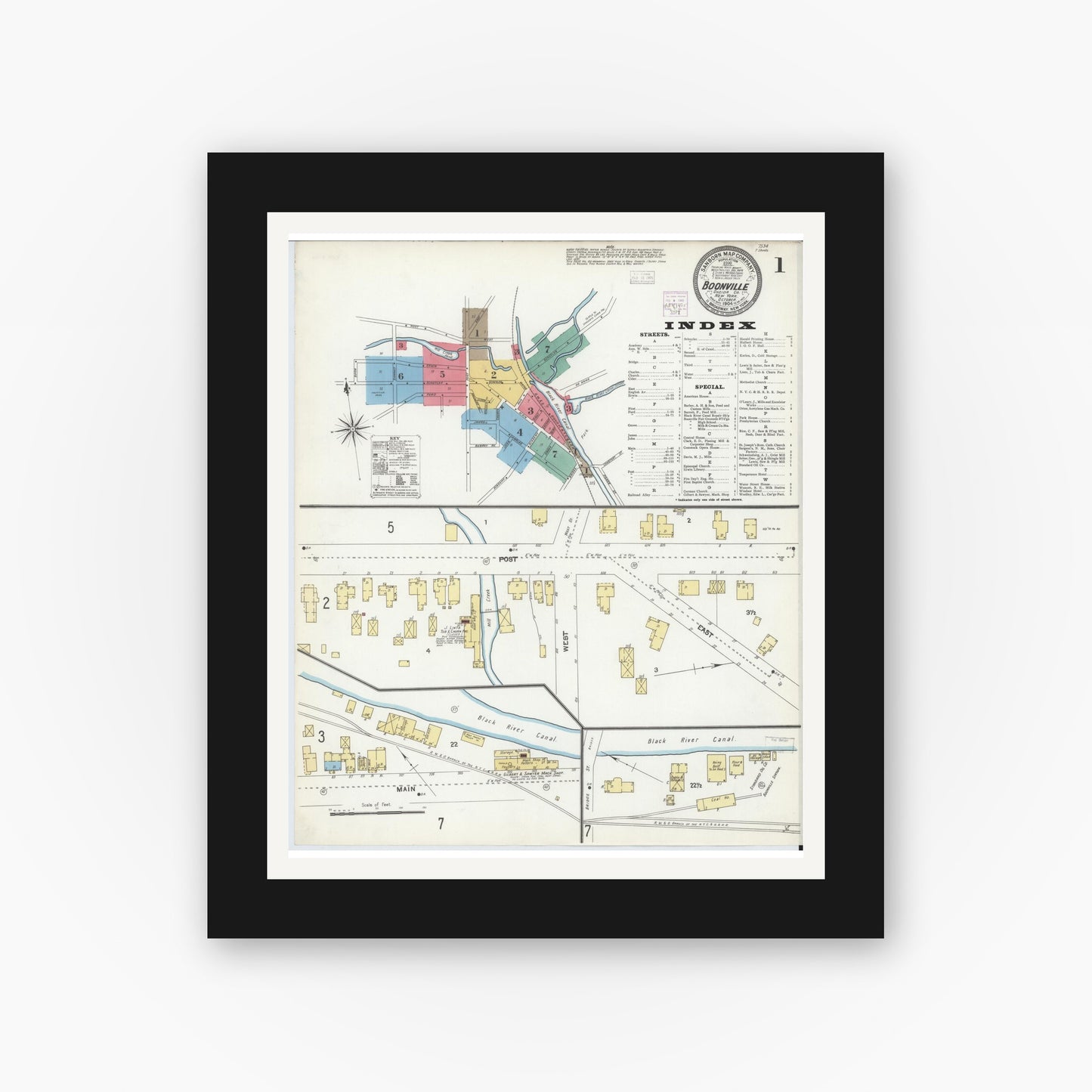 Old map wall art mockup — black gallery frame with white mat — Sanborn Fire Insurance Map from Boonville, Oneida County, New York (1904) - Complete Map Set