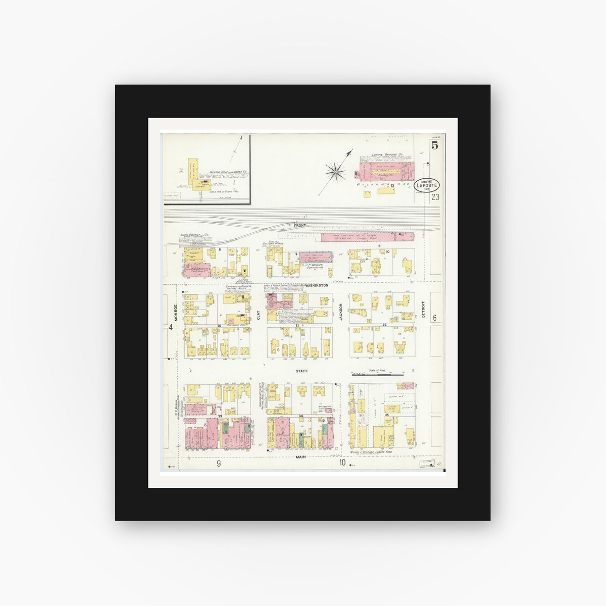 Old map wall art mockup — black gallery frame with white mat — Sanborn Fire Insurance Map from La Porte, La Porte County, Indiana (1907), Sheet #0005