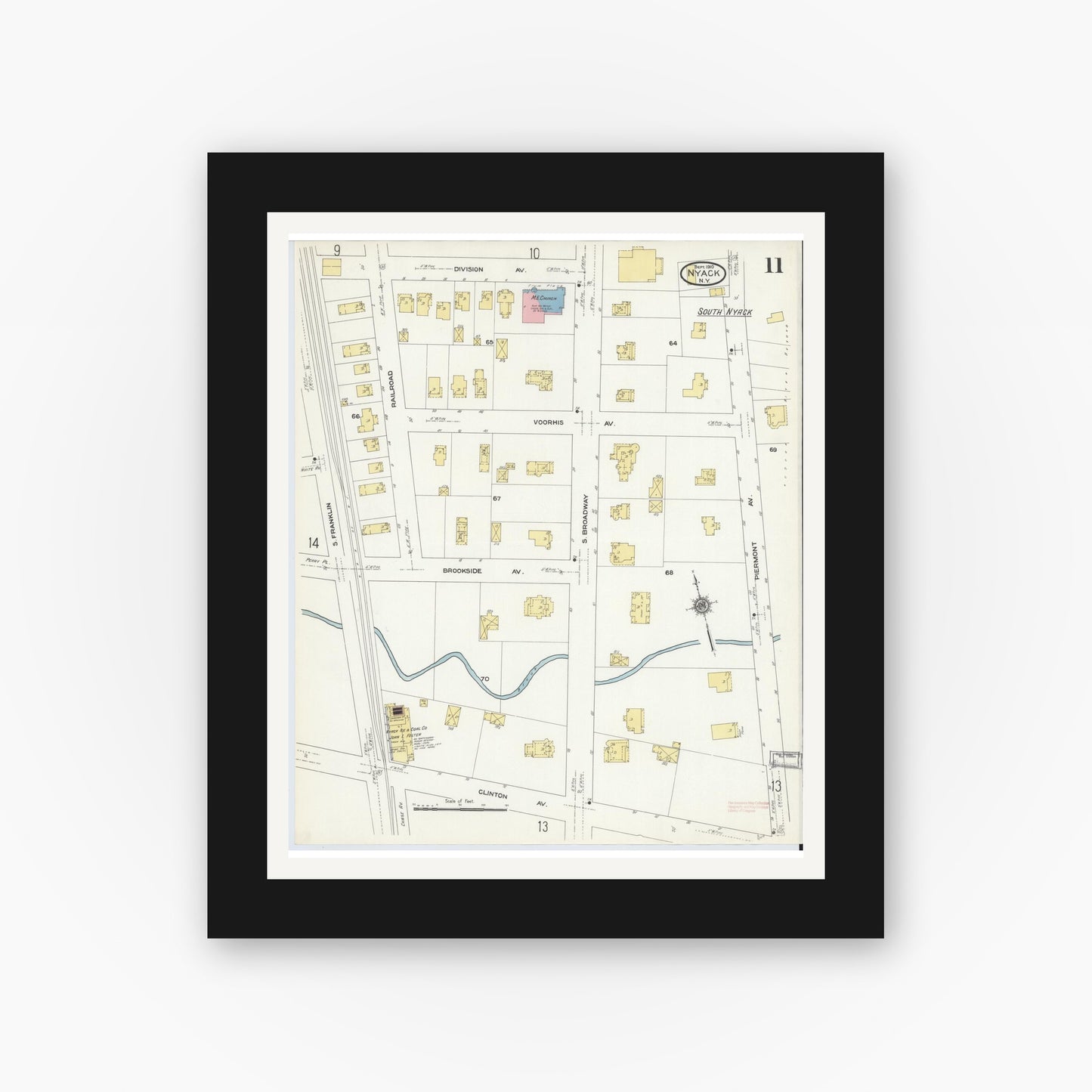 Old map wall art mockup — black gallery frame with white mat — Sanborn Fire Insurance Map from Nyack, Rockland County, New York. (1910), Sheet #0011