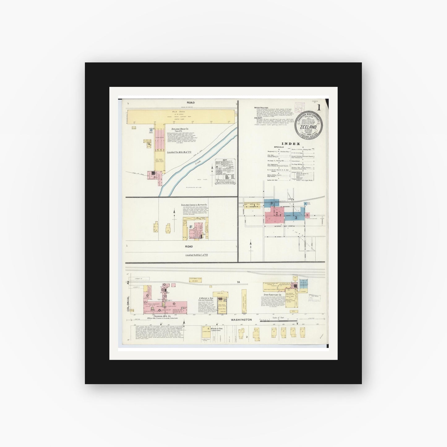 Old map wall art mockup β black gallery frame with white mat β Sanborn Fire Insurance Map from Zeeland, Ottawa County, Michigan (1908) - Complete Map Set