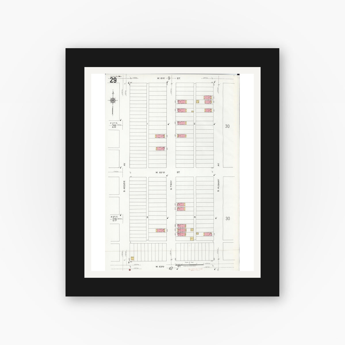 Old map wall art mockup — black gallery frame with white mat — Sanborn Fire Insurance Map from Chicago, Cook County, Illinois (1920), Sheet #0029