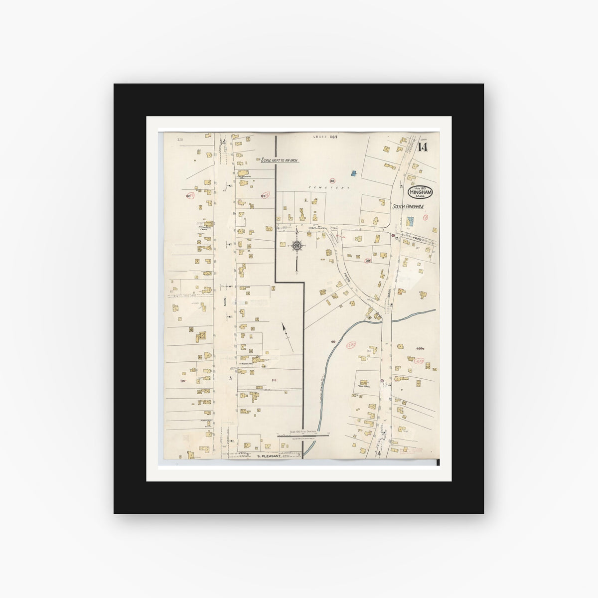 Old map wall art mockup — black gallery frame with white mat — Sanborn Fire Insurance Map from Hingham, Plymouth County, Massachusetts (1948), Sheet #0014