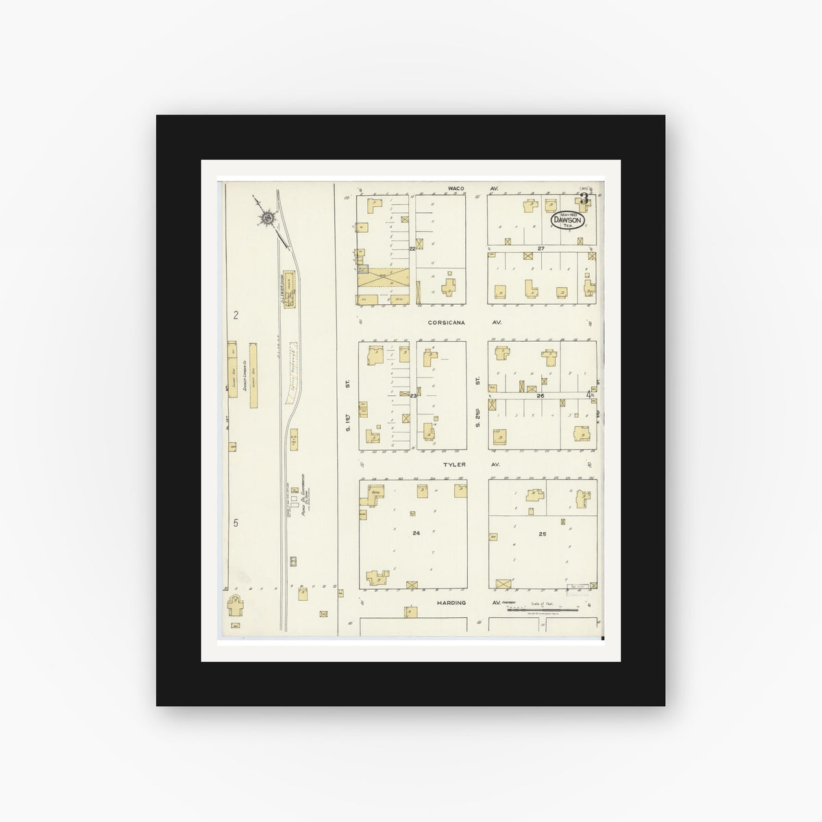 Old map wall art mockup — black gallery frame with white mat — Sanborn Fire Insurance Map from Dawson, Navarro County, Texas (1921), Sheet #0003