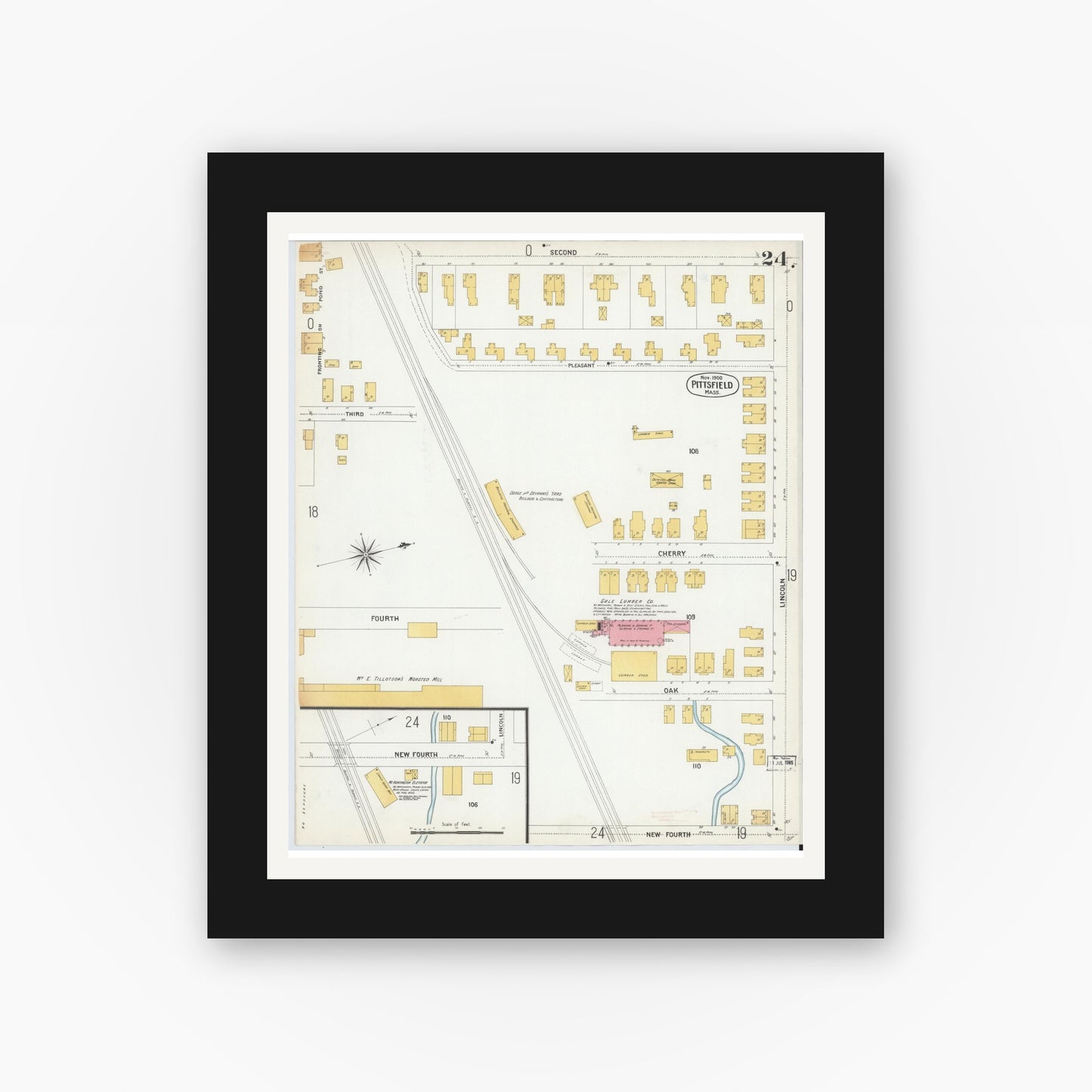 Old map wall art mockup — black gallery frame with white mat — Sanborn Fire Insurance Map from Pittsfield, Berkshire County, Massachusetts (1900), Sheet #0024